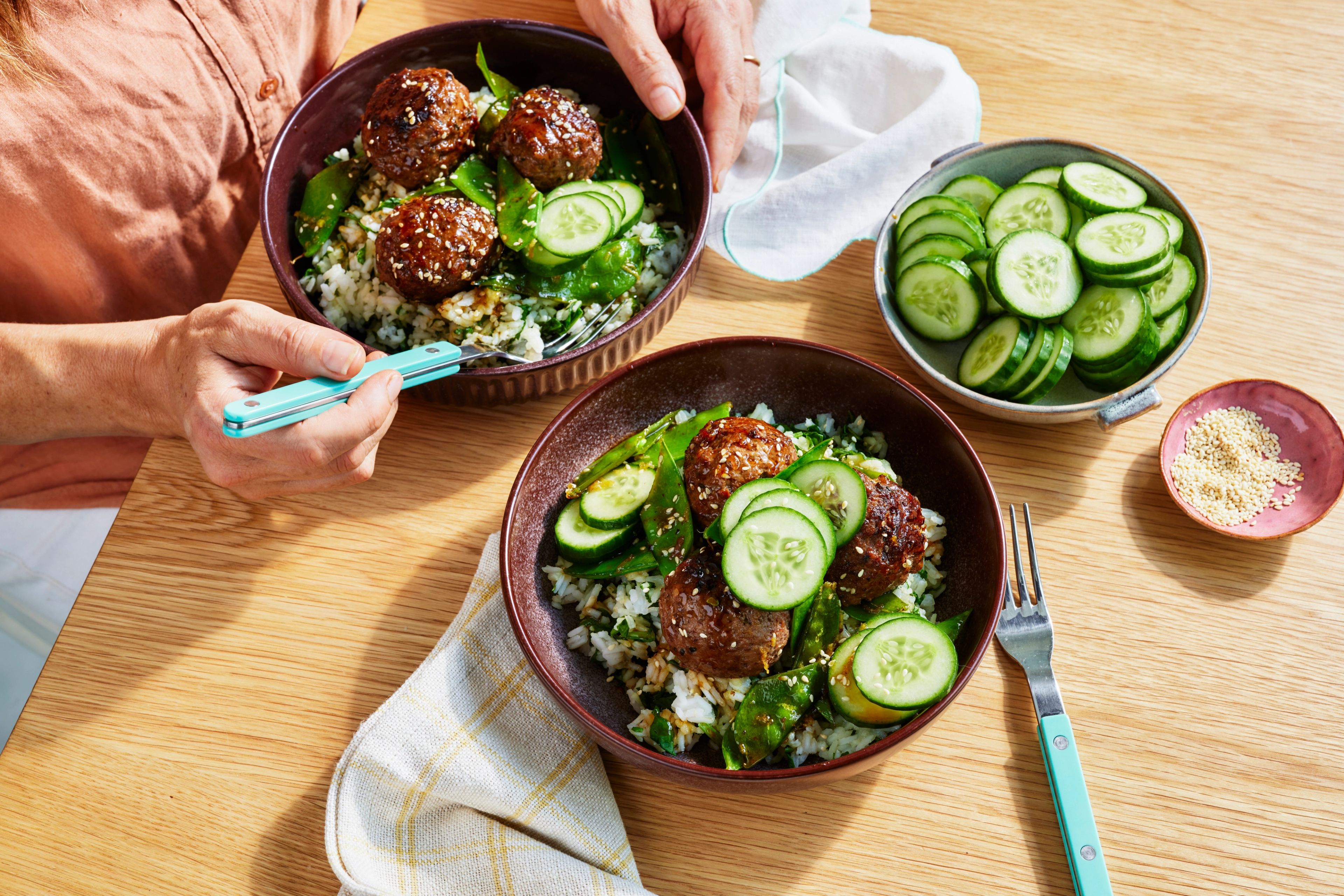 Sticky Soy and Ginger Meatballs with Spinach Rice