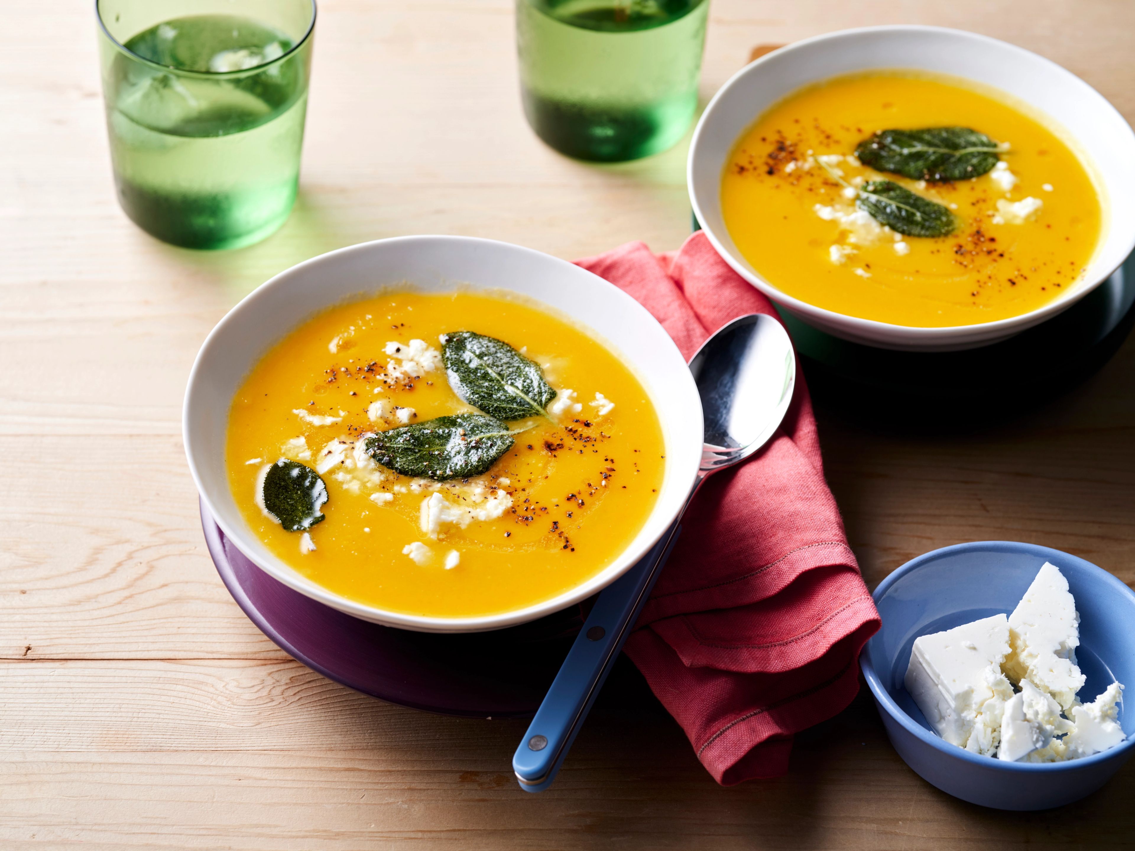 Pumpkin, Leek, Sage and Feta Soup with Garlic Bread