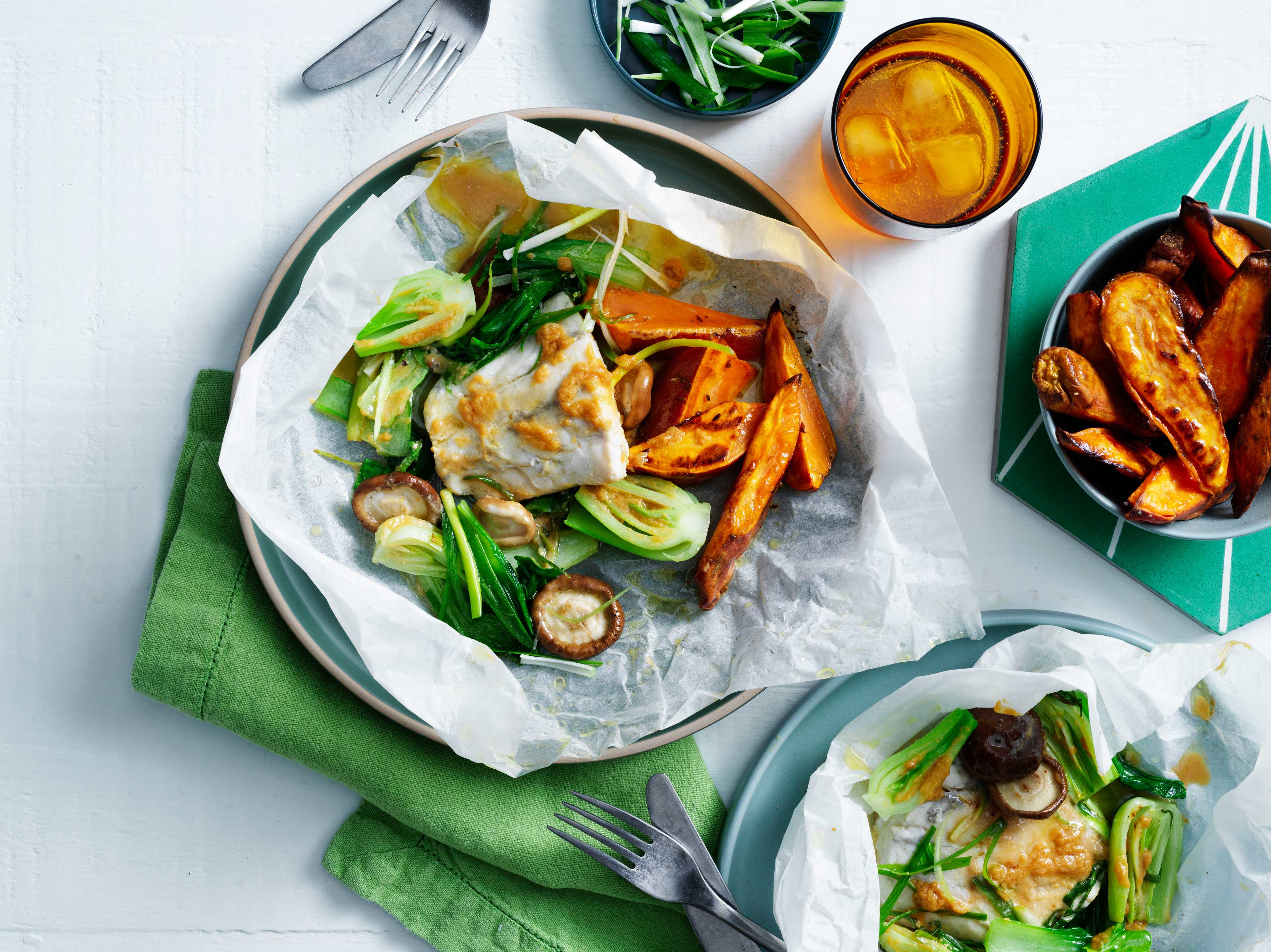 Paper Bag-Steamed Miso Butter Fish with Sweet Potato Wedges