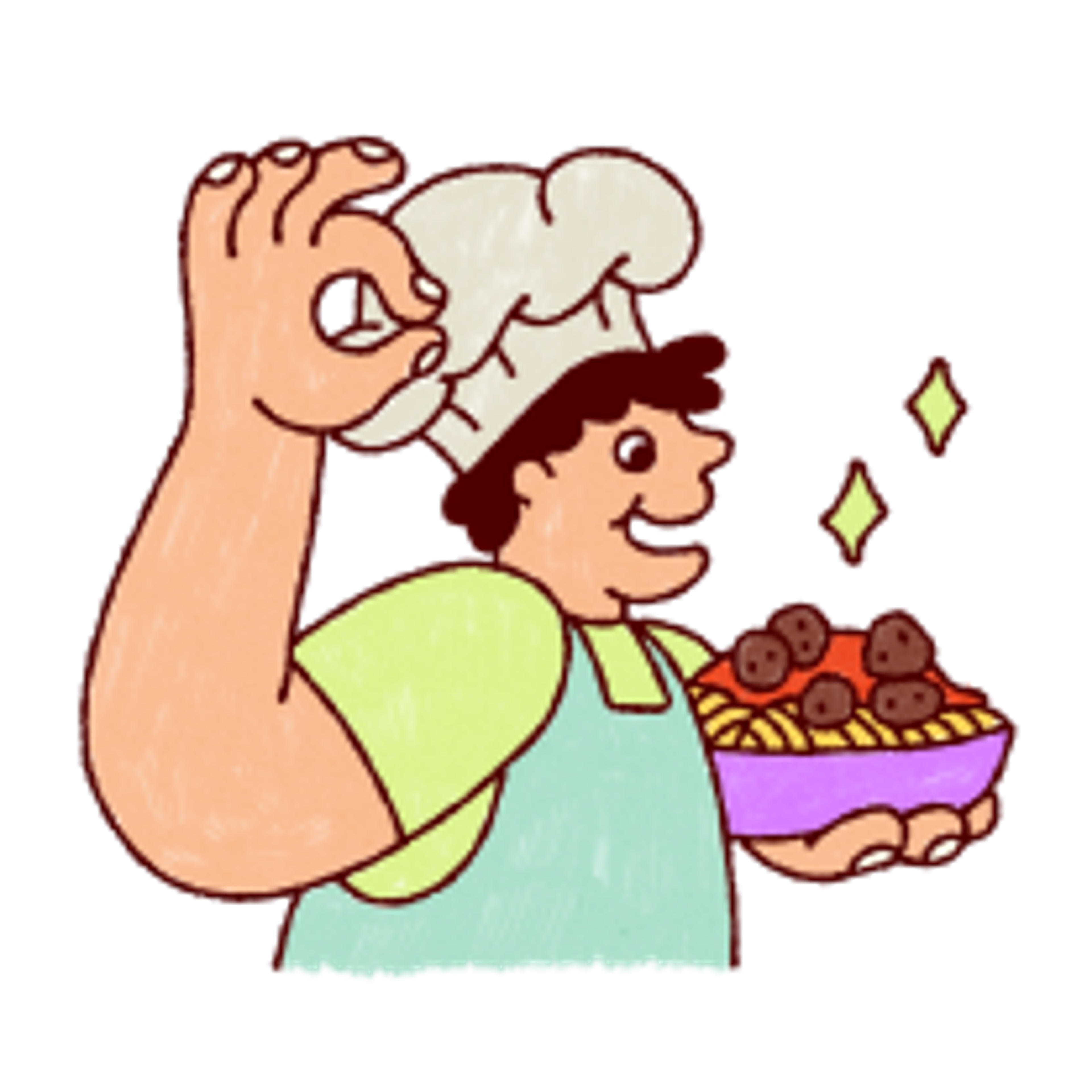 A colourful illustration of a cook with a bowl of spaghetti in his hands