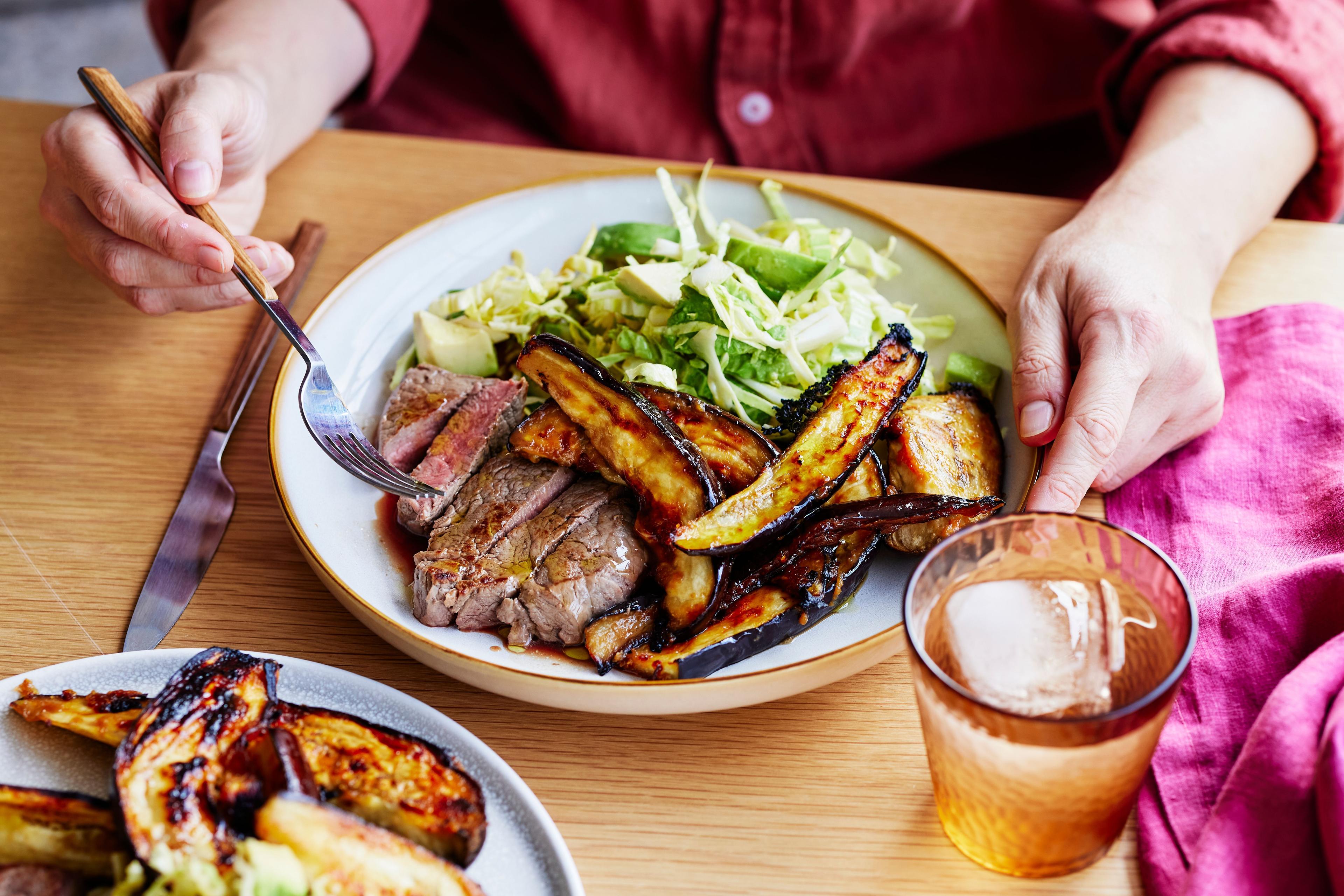 Fast Steaks with Miso Eggplant and Slaw