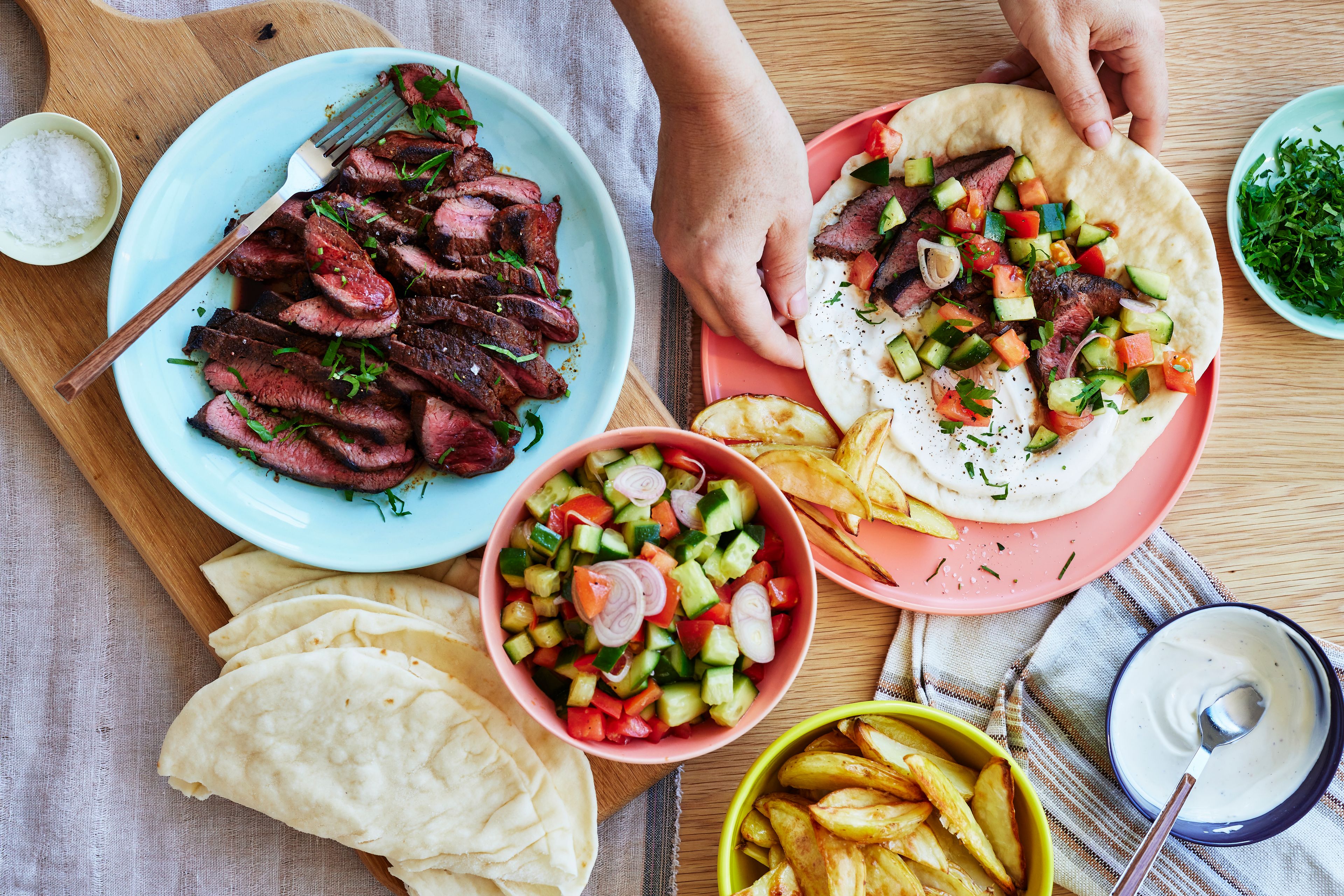 Kangaroo Shawarma with Garlic Yoghurt and Wedges