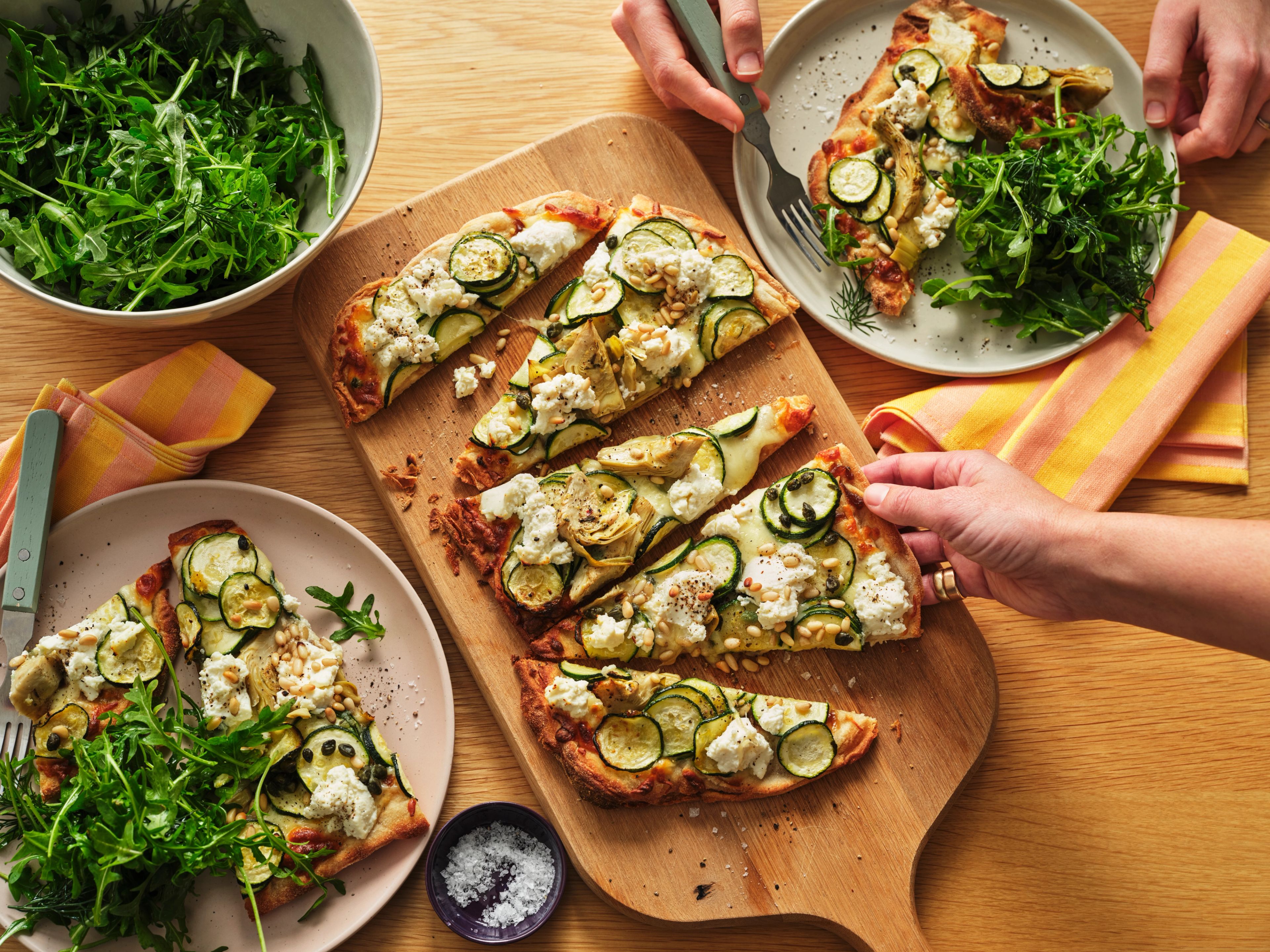 Zucchini, Ricotta and Artichoke Pizza