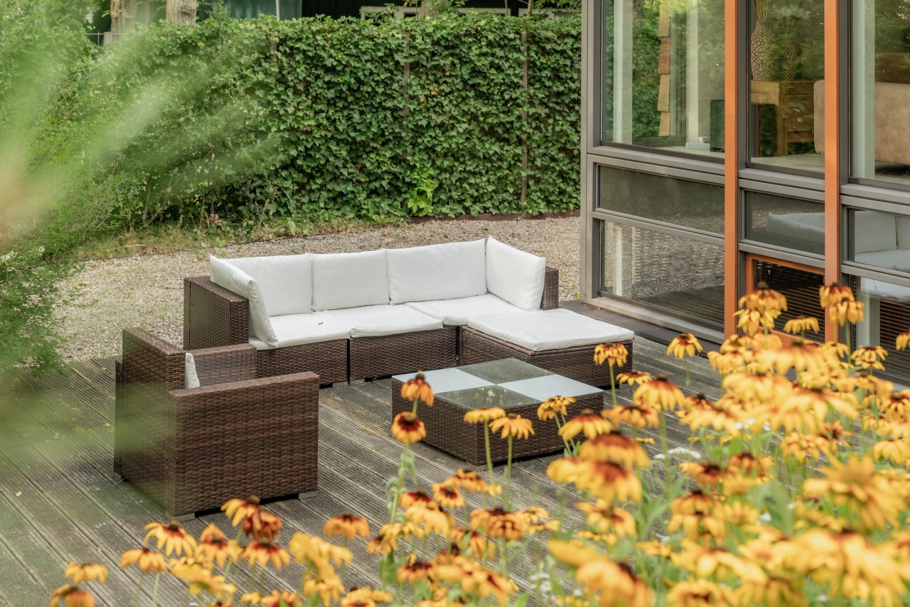 Loungeterras met rotan bank tussen de gele bloemen