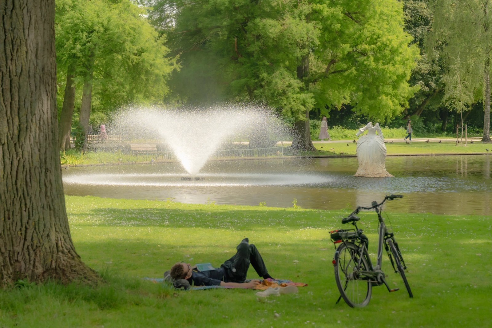 Park in Amsterdam met een fontein in de vijver, een fiets en iemand die in het gras ligt