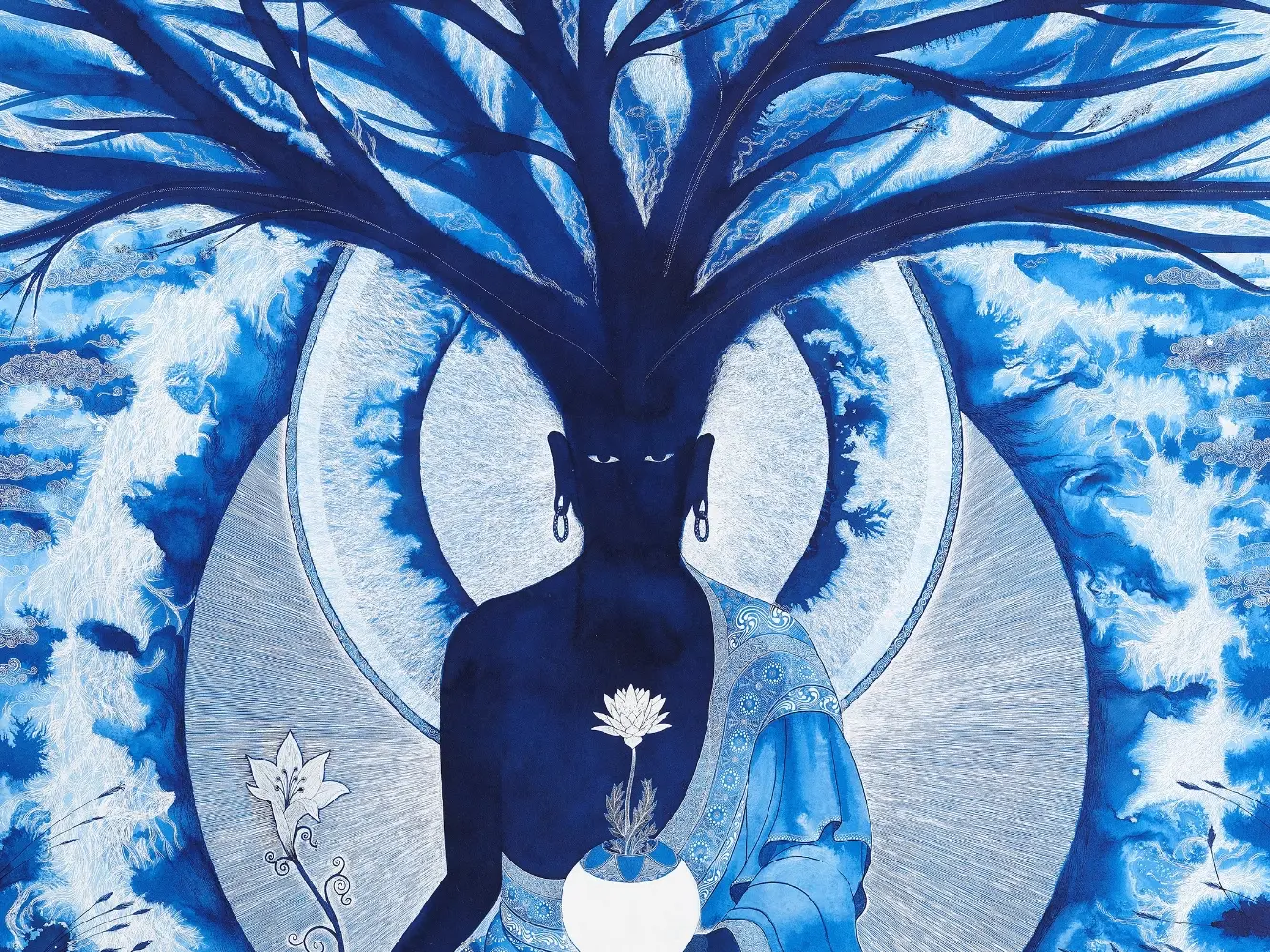 painting of blue buddha with tree emerging from head, by Dan Hillier