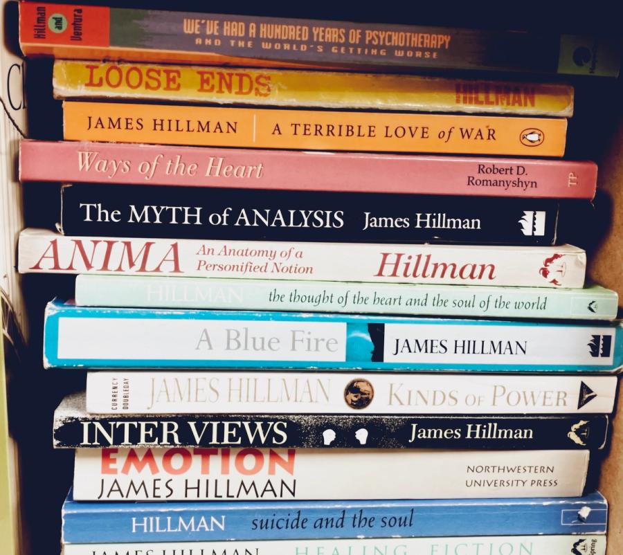 spines of a stack of James Hillman books