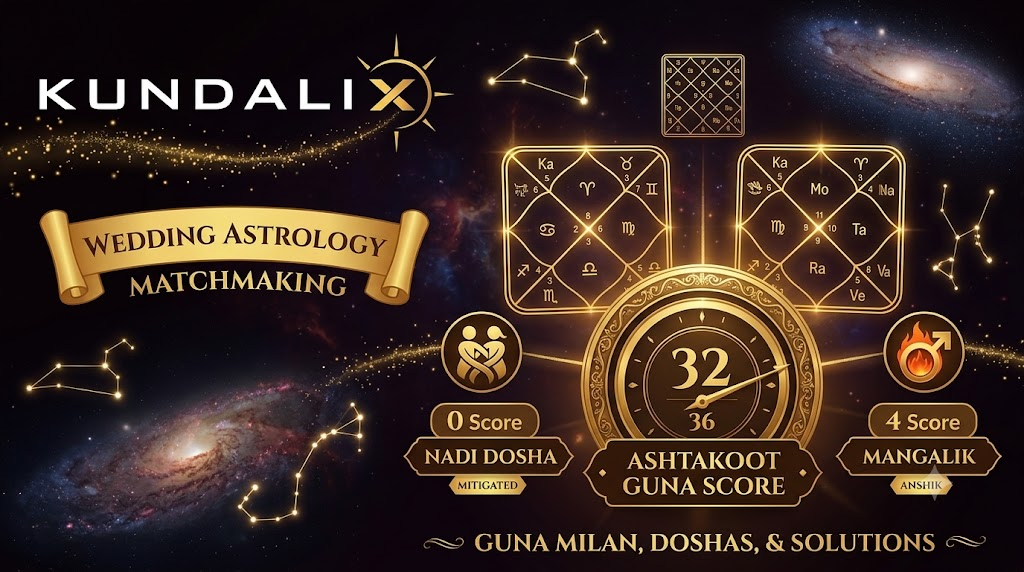 Vedic birth chart wheel and Kundali matching diagrams showing Ashtakoot Guna Milan, Nadi, and Mangal Dosha calculations.