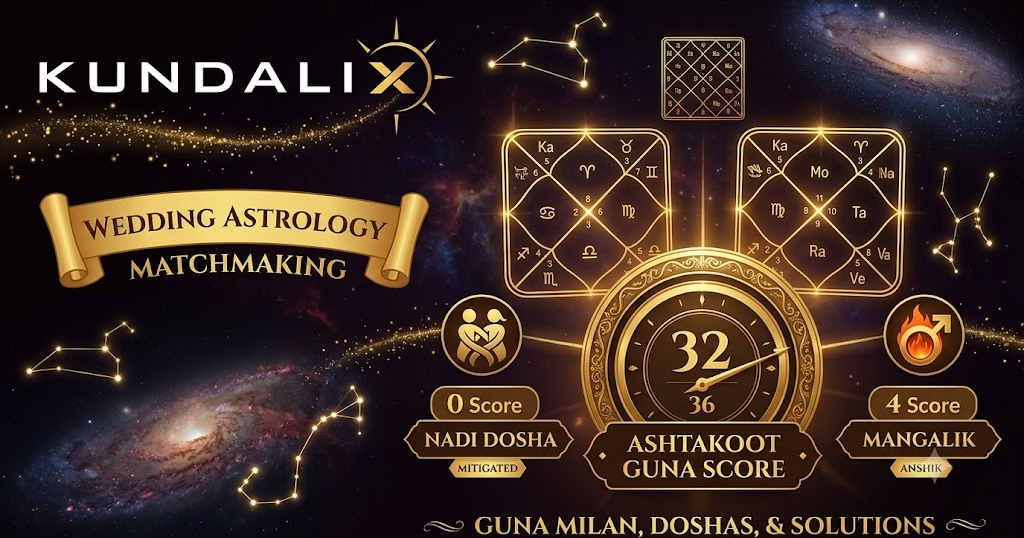 Vedic birth chart wheel and Kundali matching diagrams showing Ashtakoot Guna Milan, Nadi, and Mangal Dosha calculations.