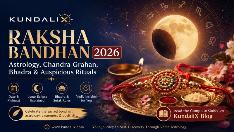 Raksha Bandhan 2026 astrology guide showing a traditional rakhi, full moon and Vedic zodiac symbols