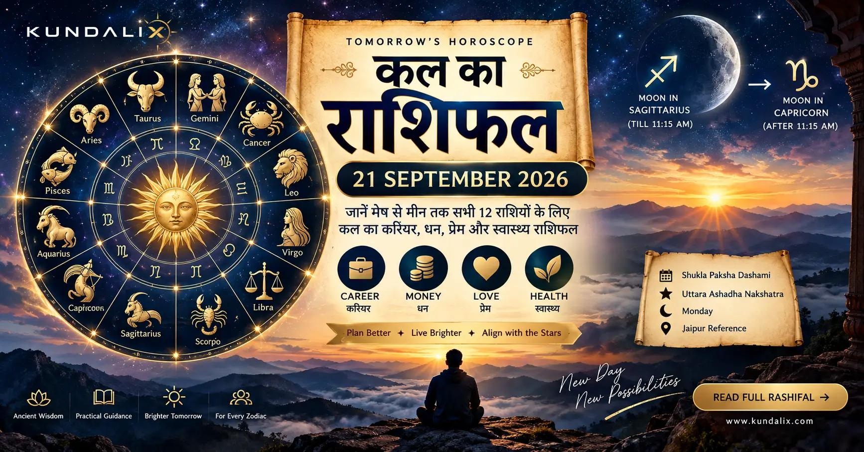 A premium dark-blue and gold Vedic astrology composition showing the 12 zodiac signs, a glowing zodiac wheel, Moon transitioning toward Capricorn, and subtle Uttara Ashadha constellation symbolism.
