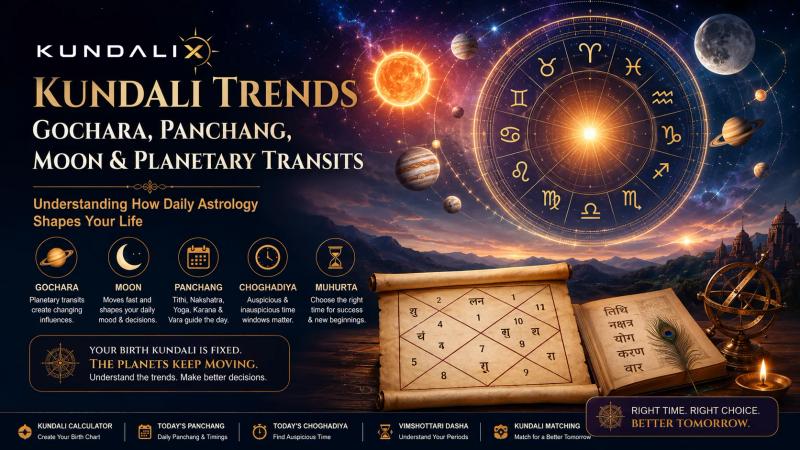 Vedic astrology Kundali trends showing planetary transits, Moon, Lagna and Panchang