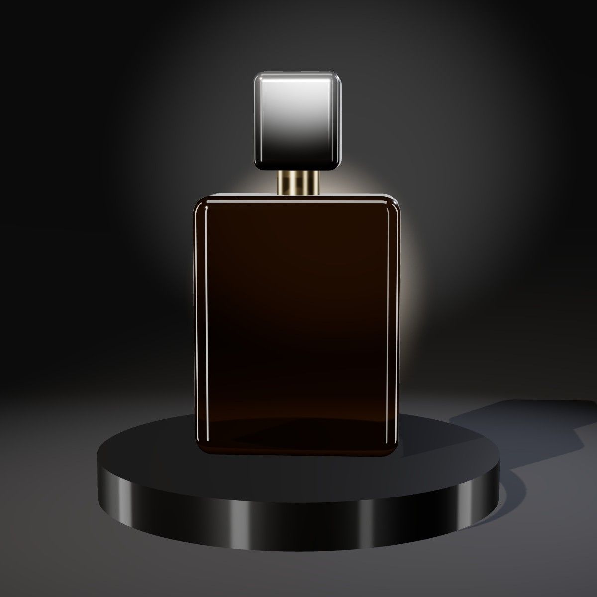 Flacon de parfum en verre ambré sur un socle noir, éclairé en contre-jour