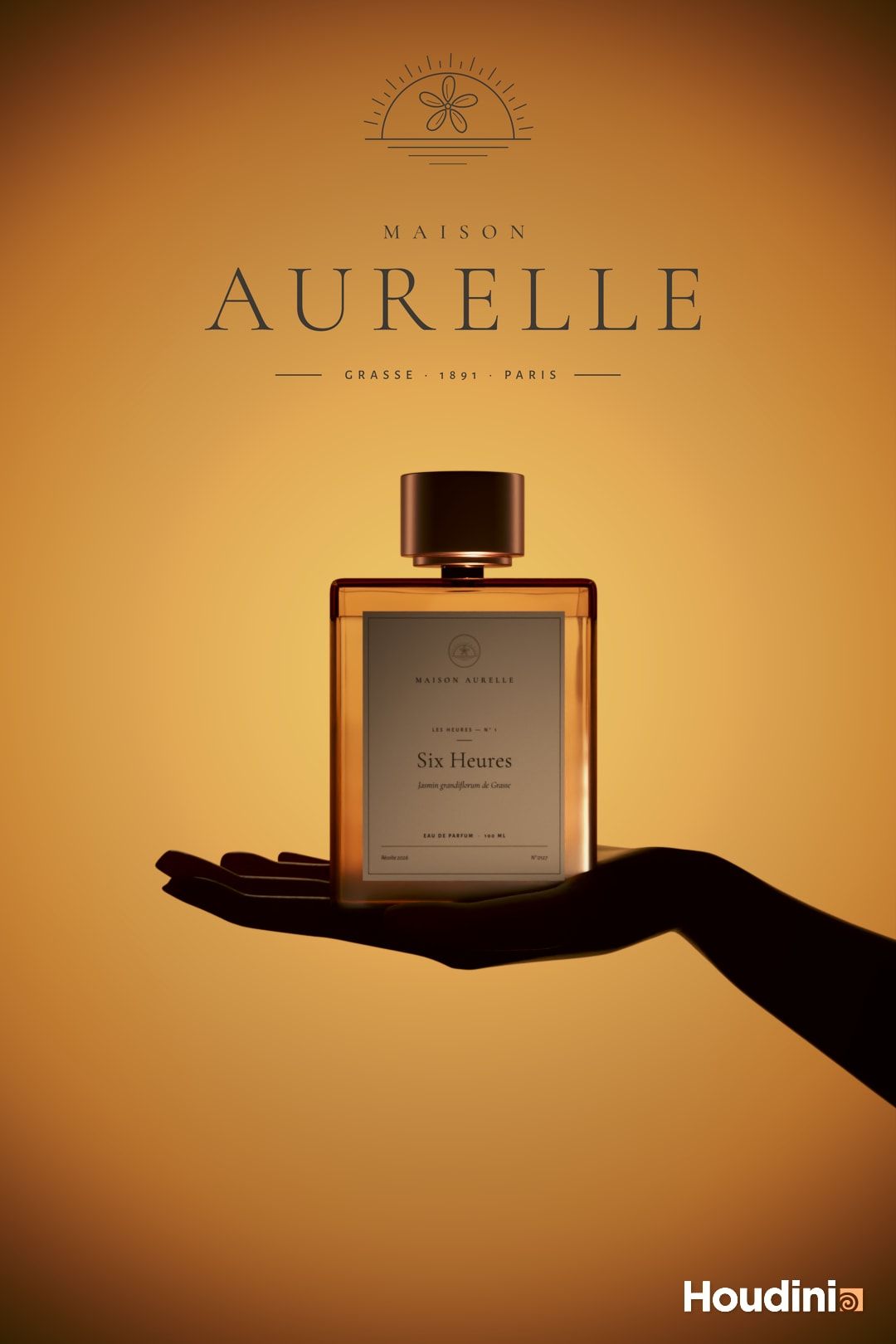Affiche Maison Aurelle : un flacon ambré à bouchon cuivré posé à plat sur la paume d’une main en silhouette noire. Fond dégradé ambre et orangé, logo et nom de la maison en haut.