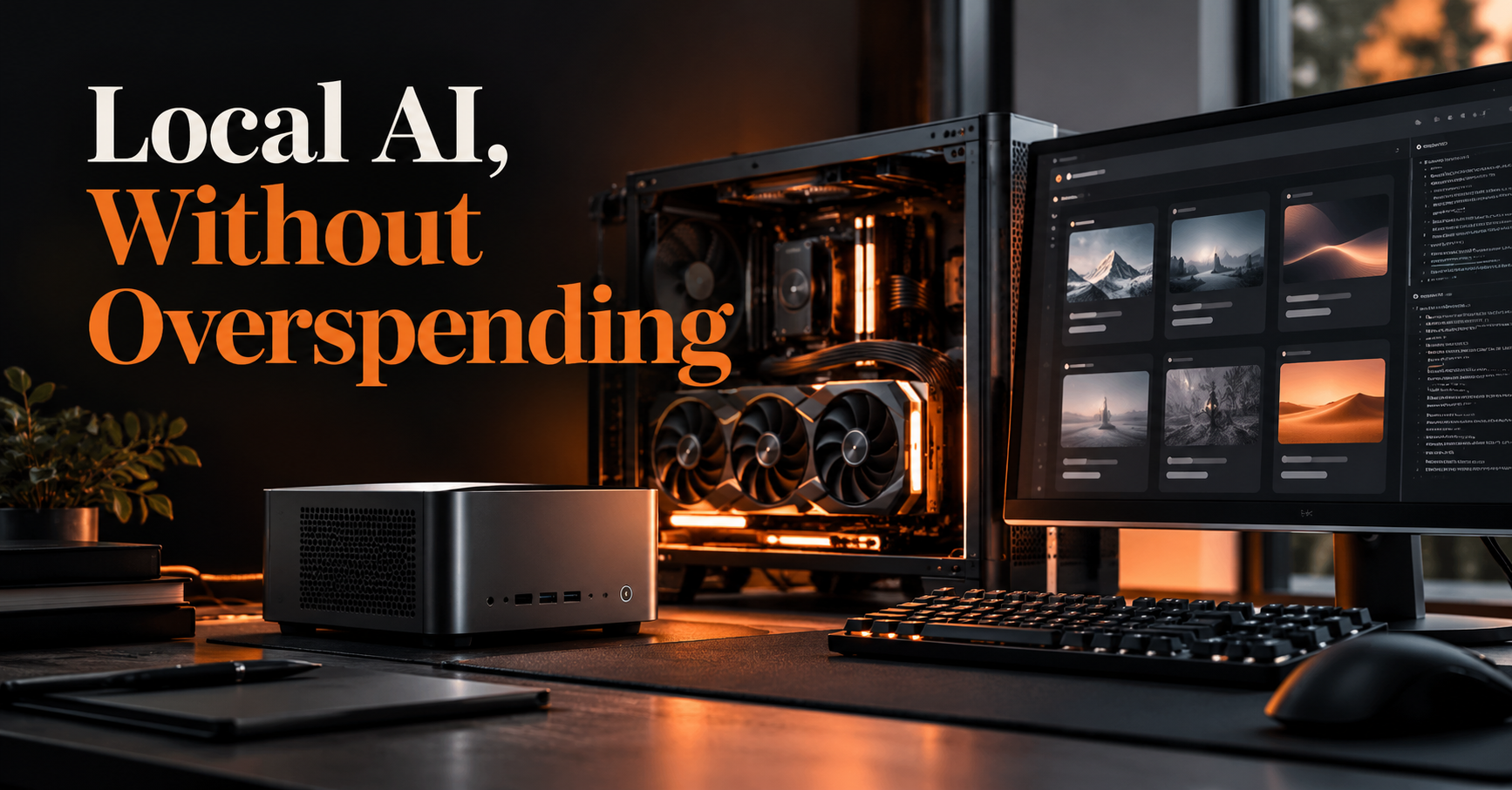 Orange-lit desktop workstation, compact mini PC and monitor representing value-focused local AI hardware