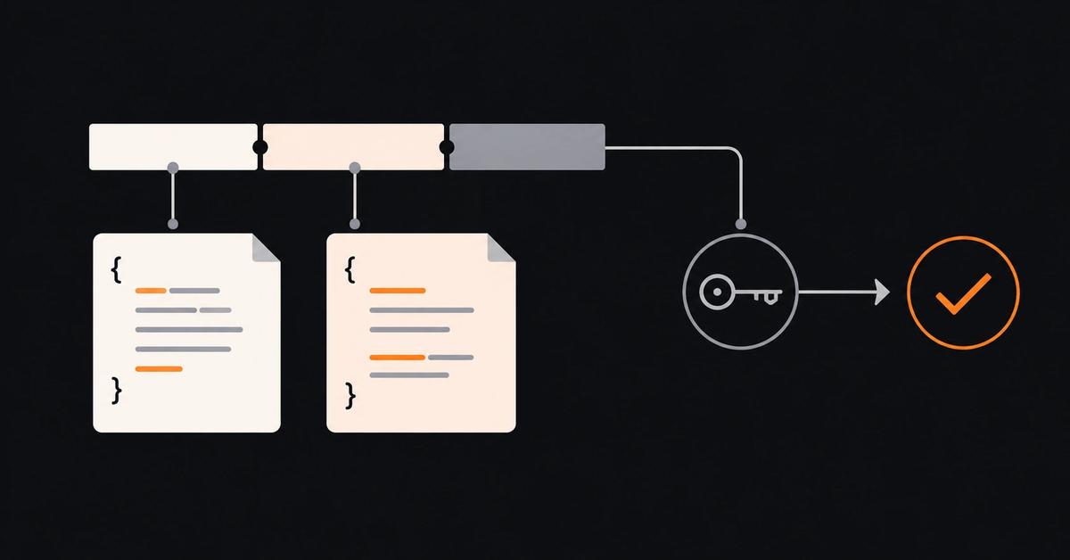 Flat illustration contrasting readable token data with a separate key-and-check verification path.