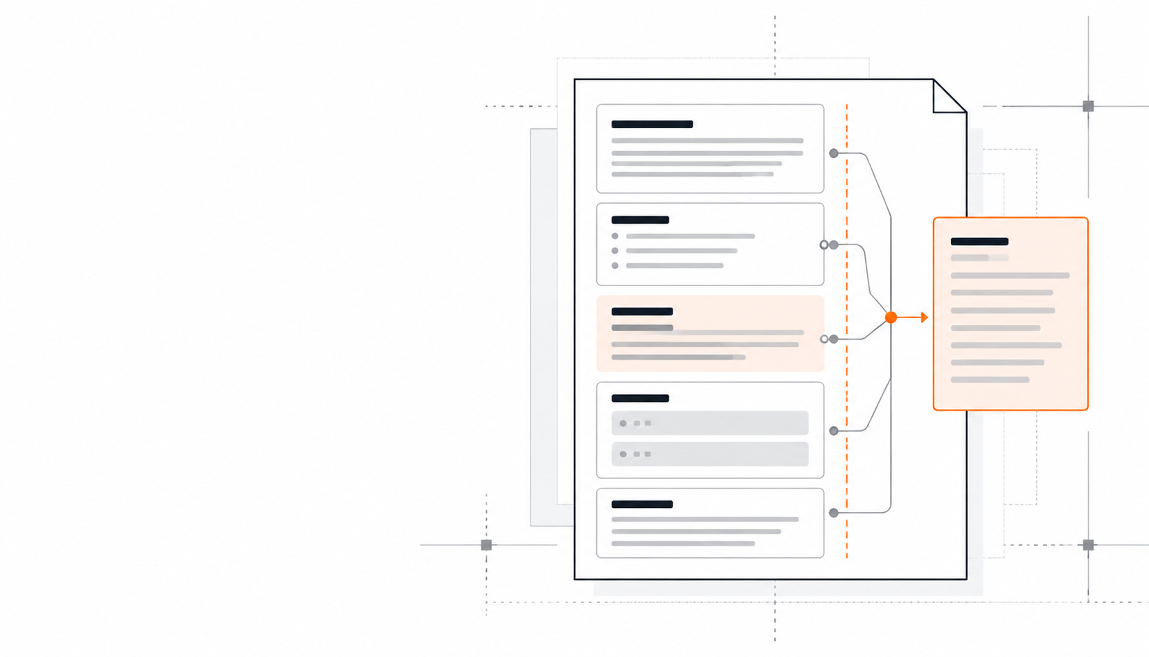 Editorial illustration of a structured prompt document with separated sections and an orange signal connecting to an input card.