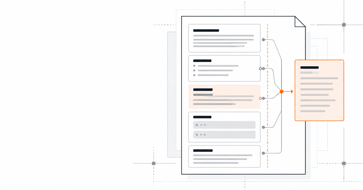Editorial illustration of a structured prompt document with separated sections and an orange signal connecting to an input card.