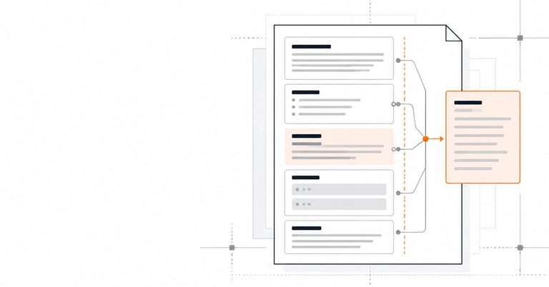 Editorial illustration of a structured prompt document with separated sections and an orange signal connecting to an input card.