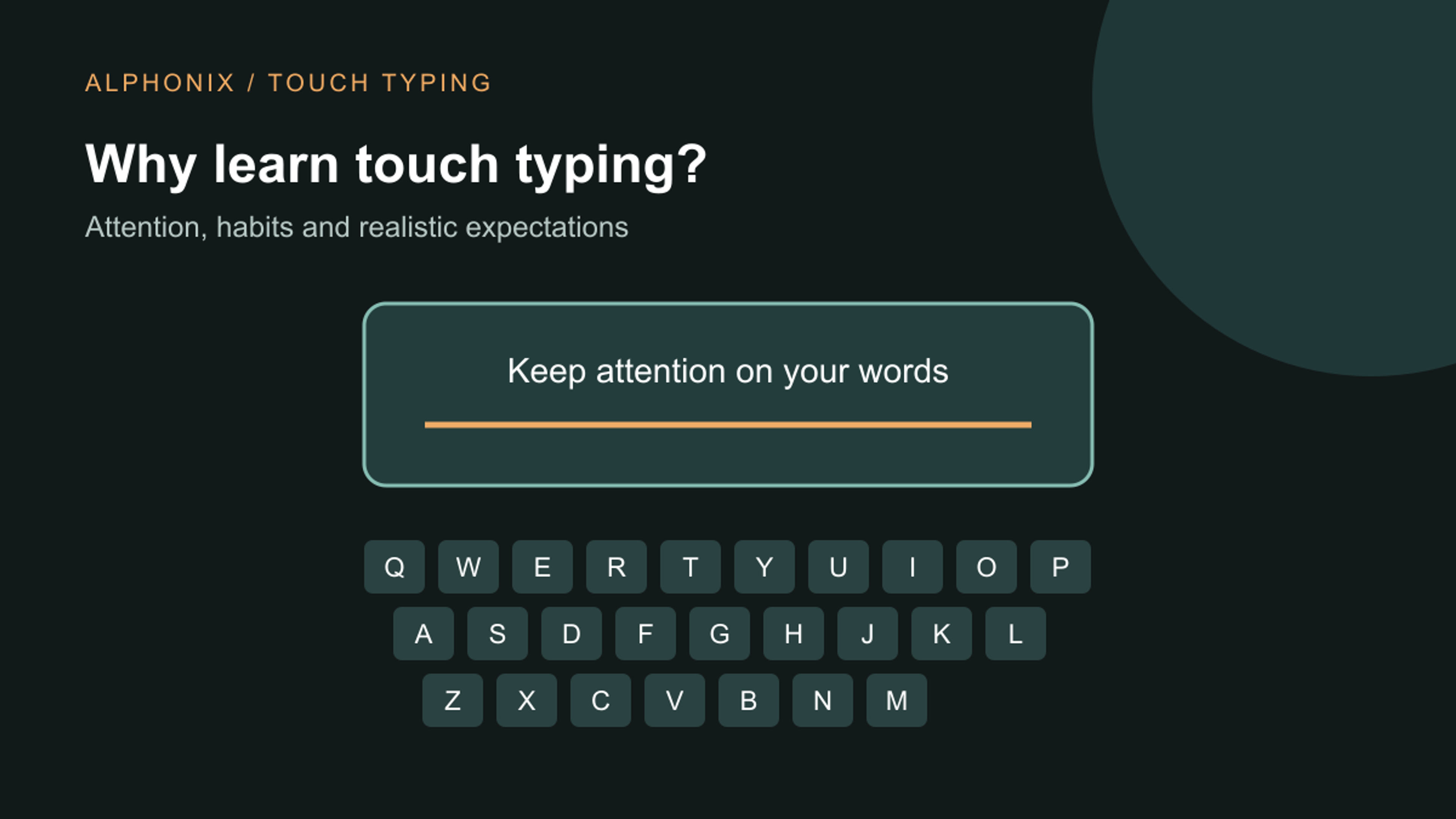 A keyboard beneath a line of text, illustrating typing while keeping attention on the screen