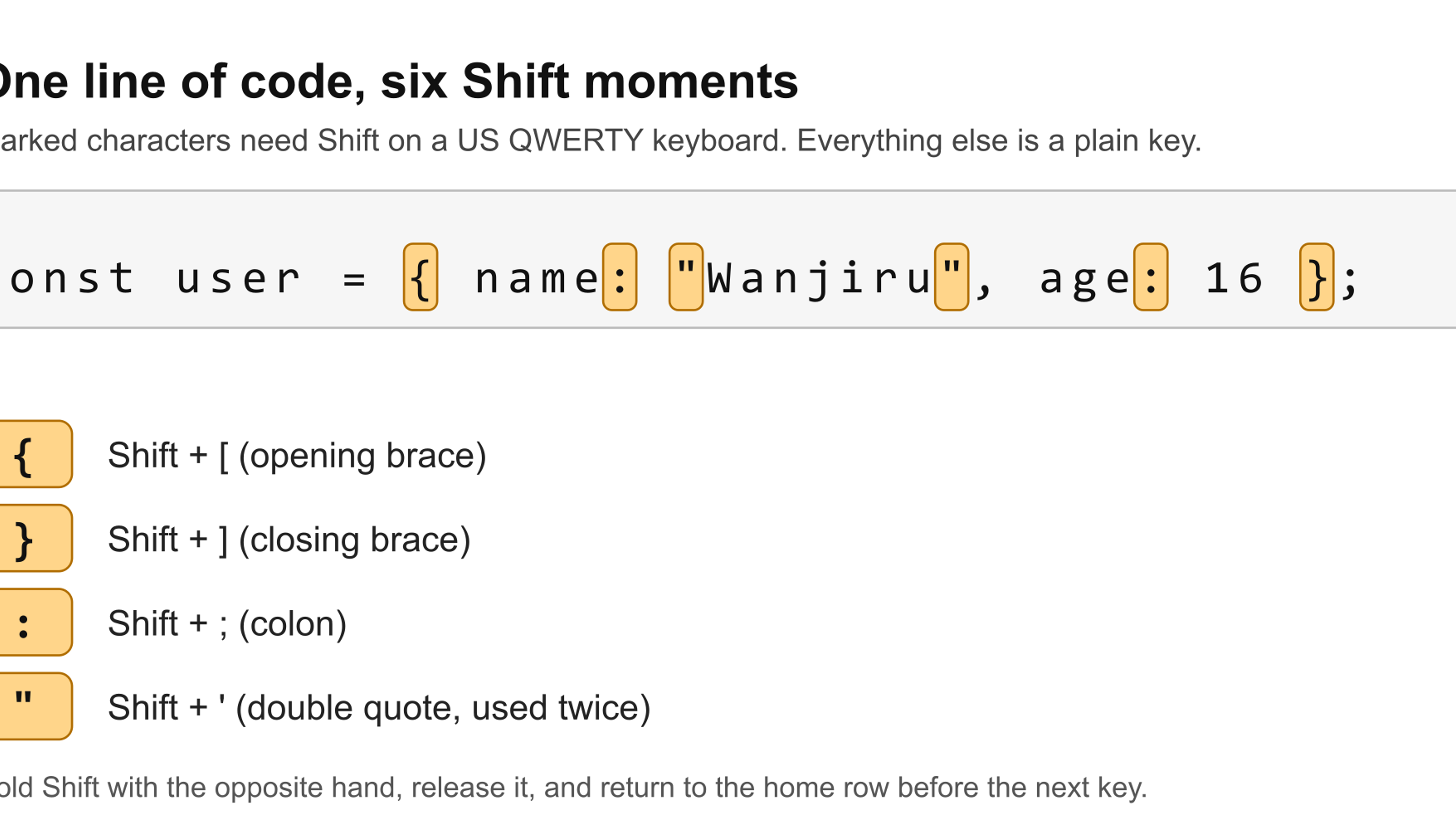 The line const user = { name: "Wanjiru", age: 16 }; with the two curly braces, two colons and two double quote marks highlighted, and a key list showing each needs Shift