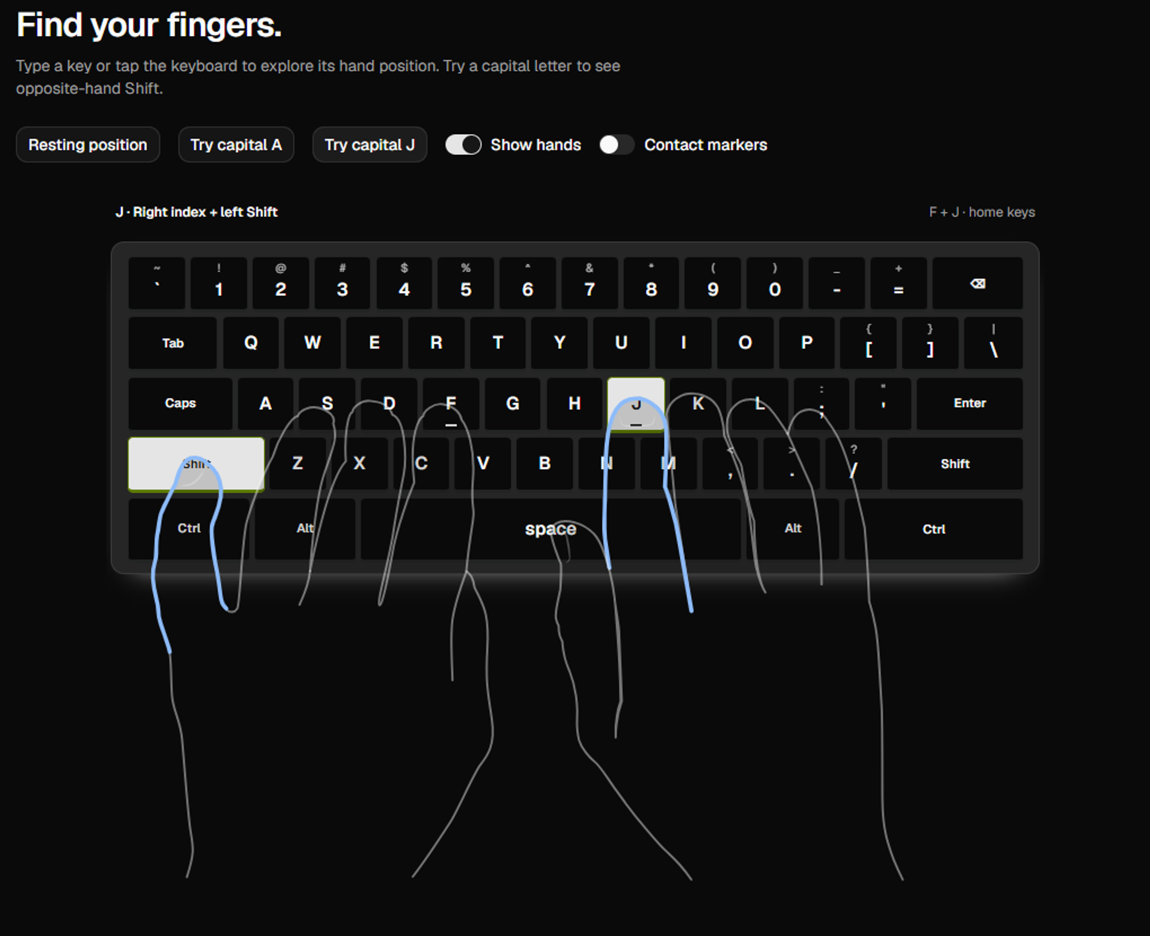 The Tutype hand guide in dark mode: an on-screen keyboard with outlined hands, showing the right index finger on J and the left little finger on Shift