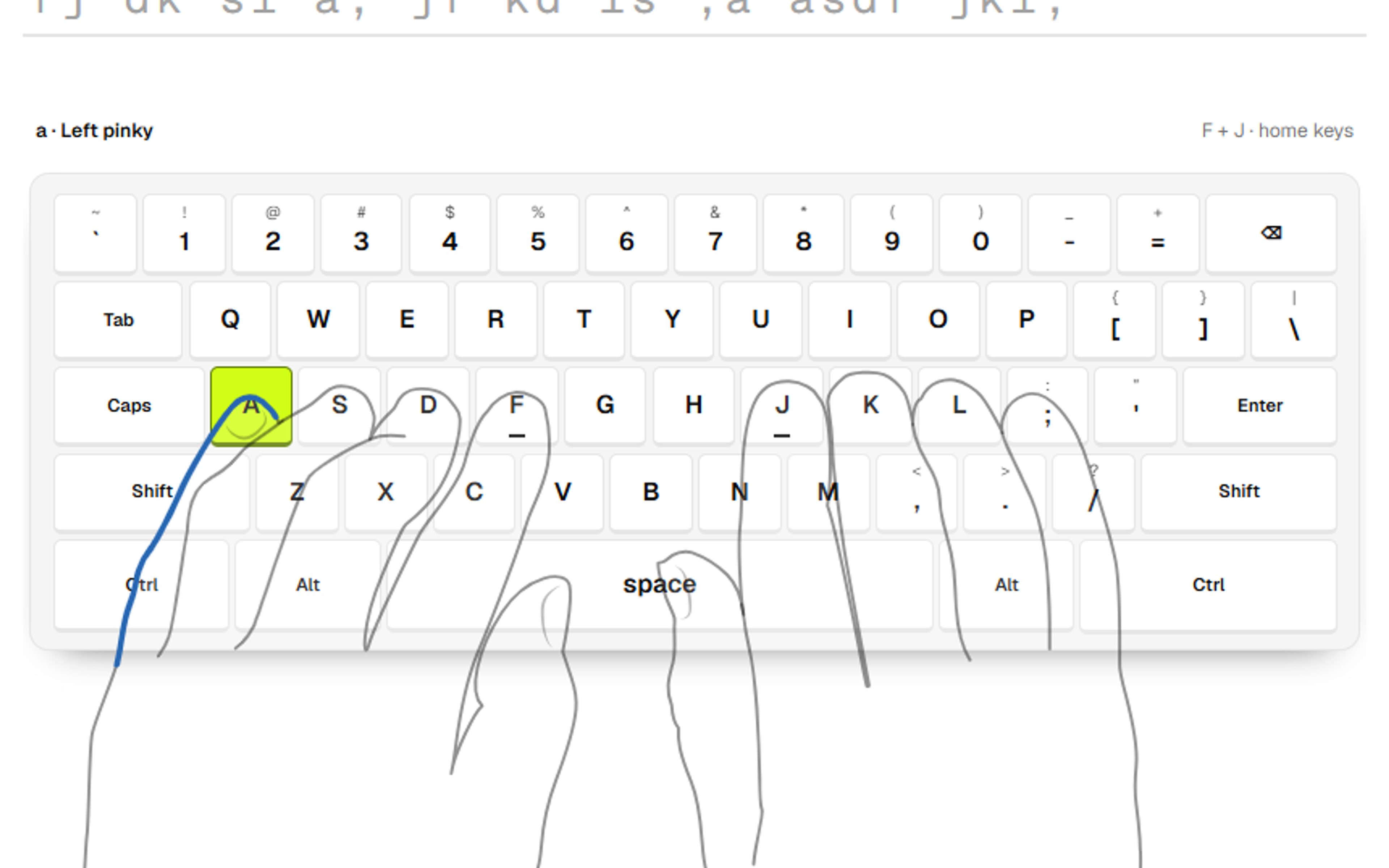 The Tutype practice screen showing a home row drill above an on-screen keyboard with two hands and the left pinky highlighted on A
