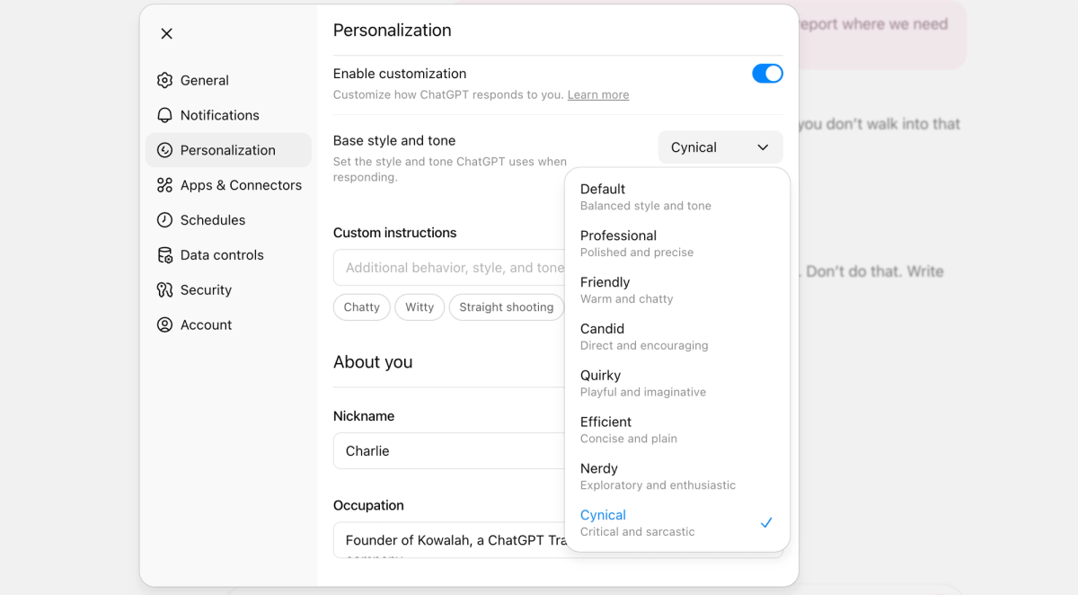 ChatGPT now has eight personality options