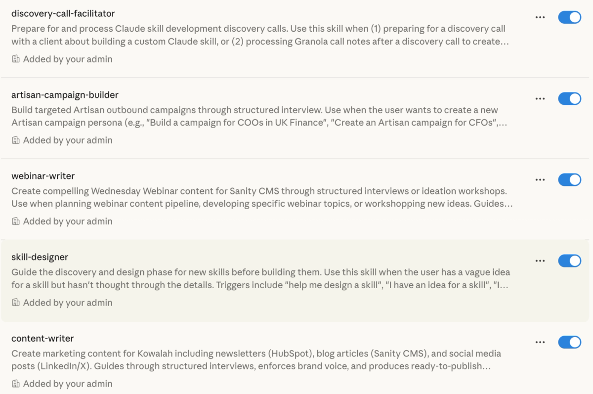 Screenshot of Claude's skill library interface showing five custom organizational skills: discovery-call-facilitator for client meetings, artisan-campaign-builder for outbound campaigns, webinar-writer for content creation, skill-designer for workflow development, and content-writer for marketing materials