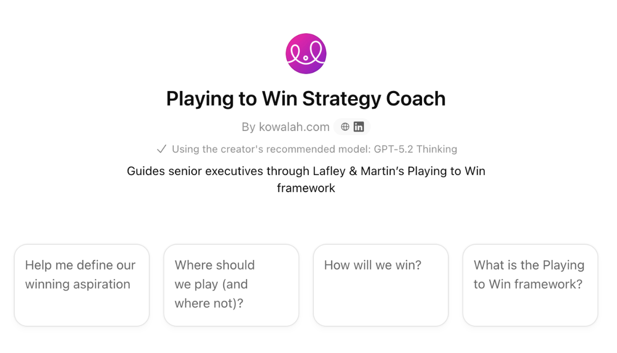 ChatGPT interface showing "Playing to Win Strategy Coach" Visible questions or interaction example Shows it's a real, usable tool