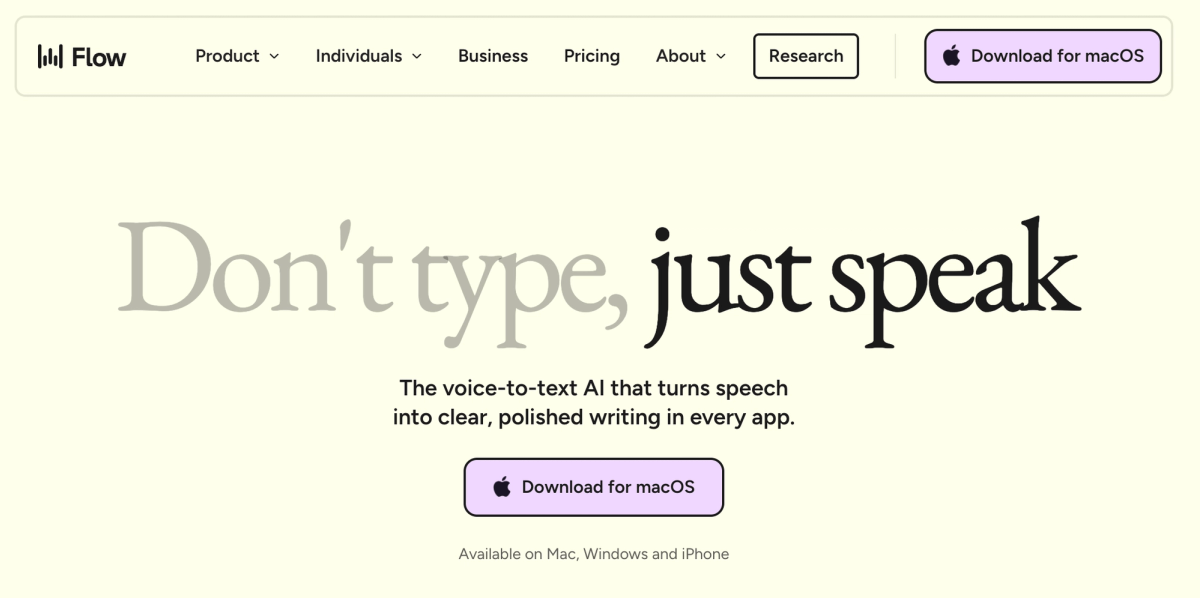 Screenshot of Whisper Flow website or interface "Don't type, just speak" tagline visible Clean, professional product shot
