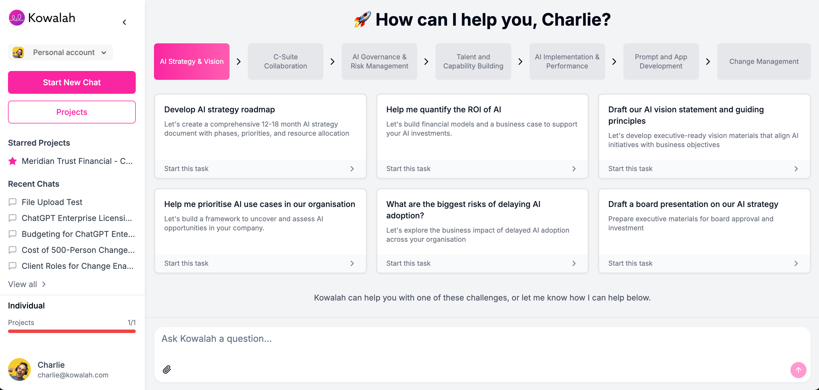 Kowalah dashboard showing 7 stages of AI adoption