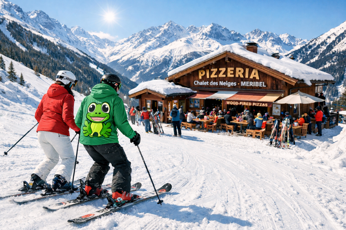 Side-by-side comparison Top: Original skiing image (blue jacket) Bottom: Edited version (green jacket with frog) Shows selective editing capability