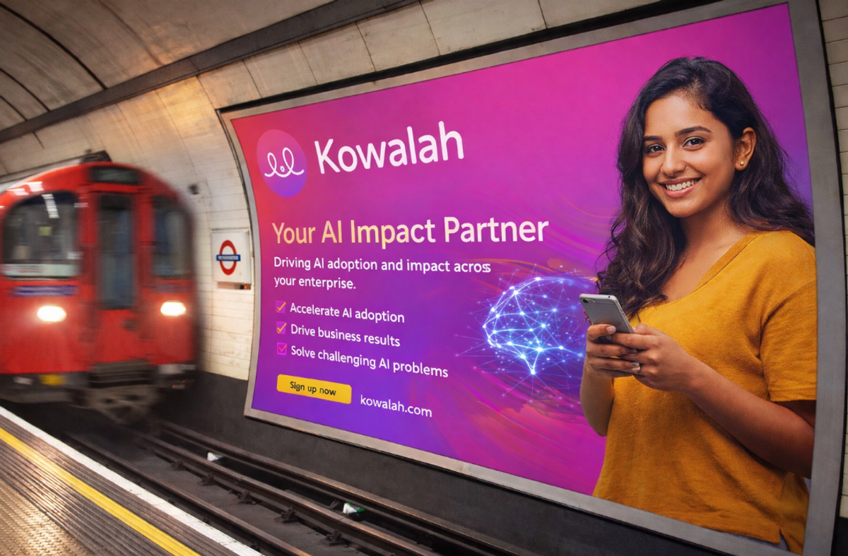AI-generated London tube billboard Shows text rendering quality ("Kowalah" spelled correctly) Demonstrates curved perspective handling