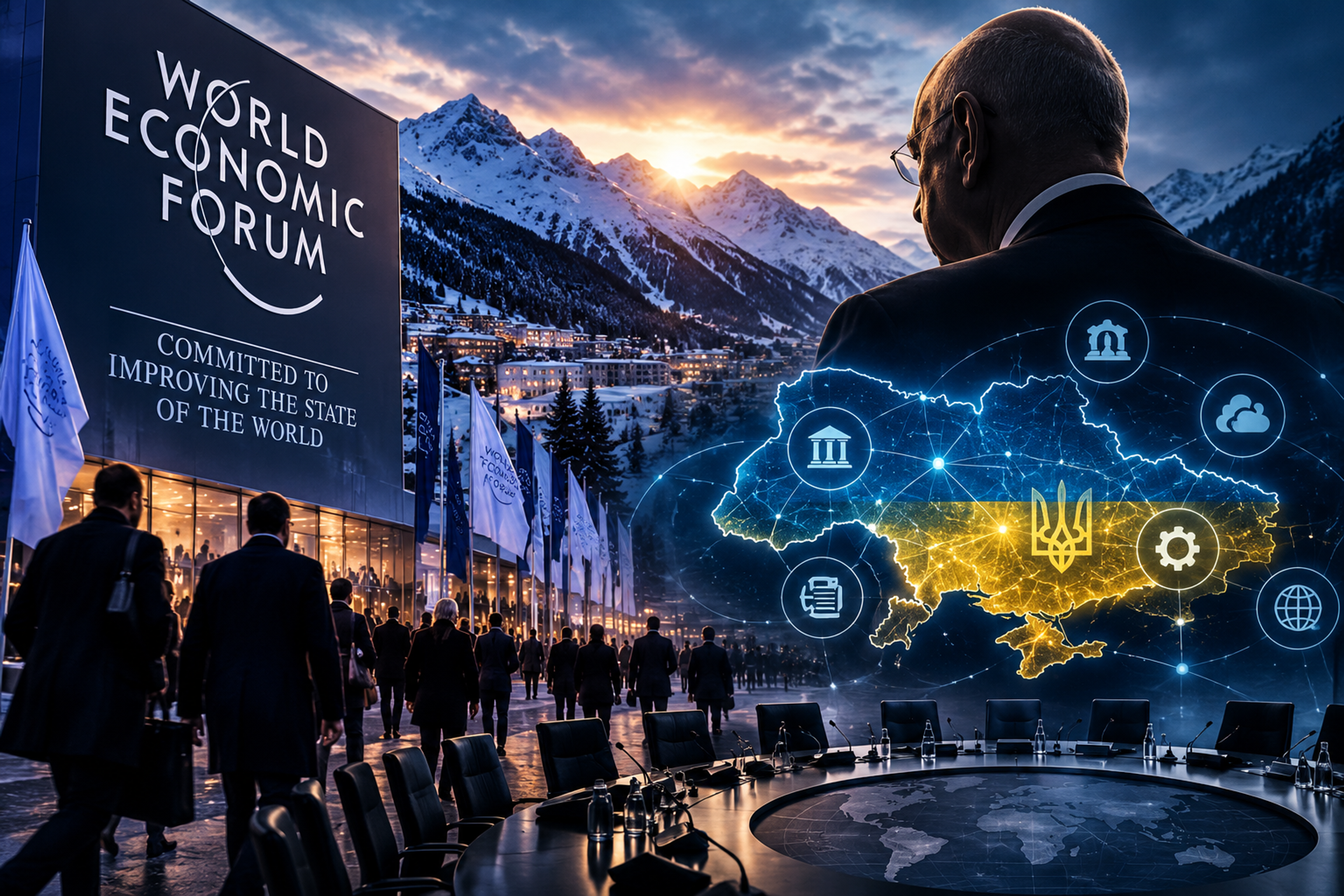 World Economic Forum venue in snowy Davos, with delegates, a digital map of Ukraine, governance icons and a conference table symbolising global policy and institutional change.