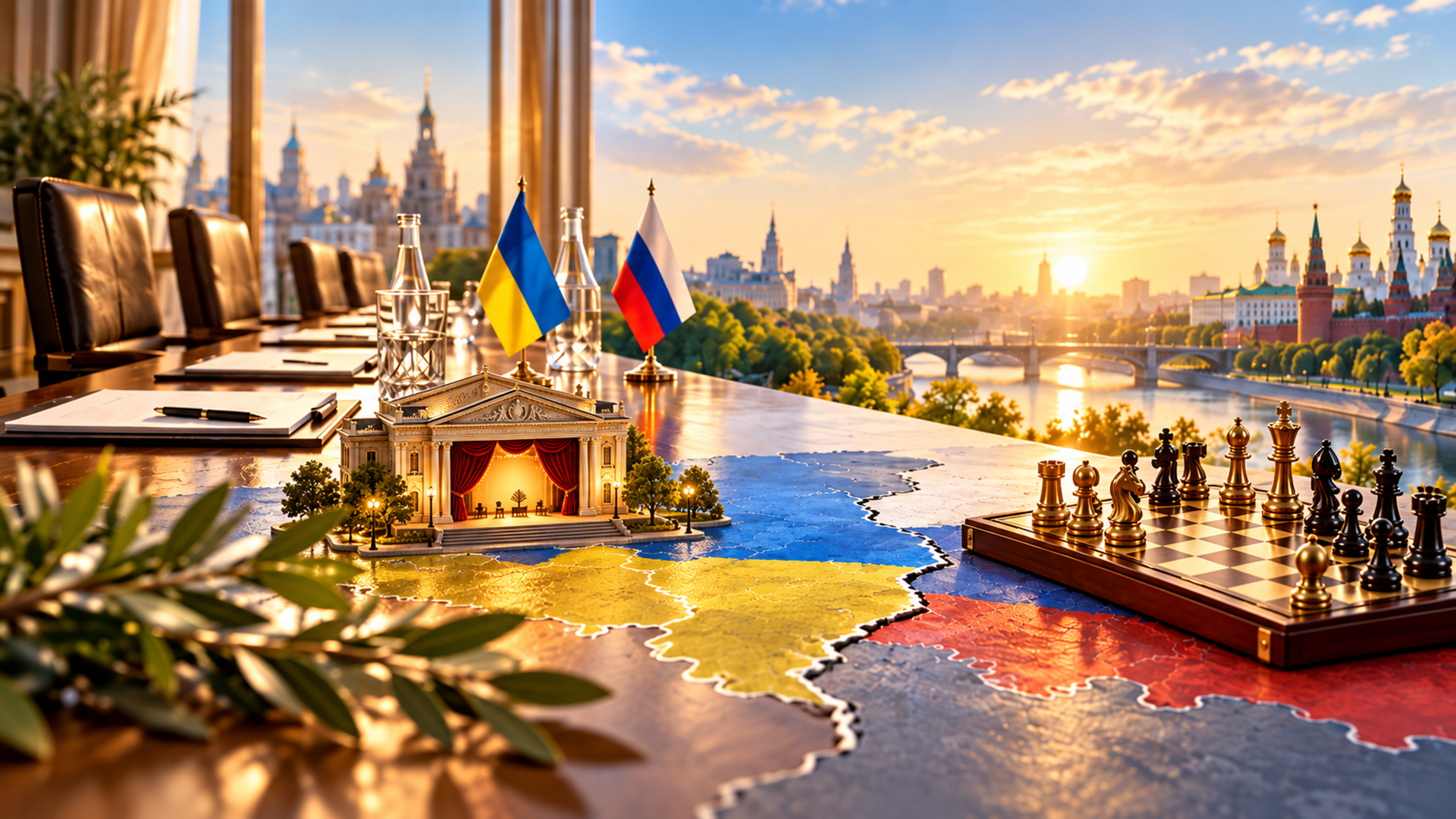 Symbolic illustration of Russia and Ukraine with both national flags, a theater stage on the Ukrainian side, a chessboard on the Russian side, and a bright peaceful sky suggesting diplomacy and possible resolution.