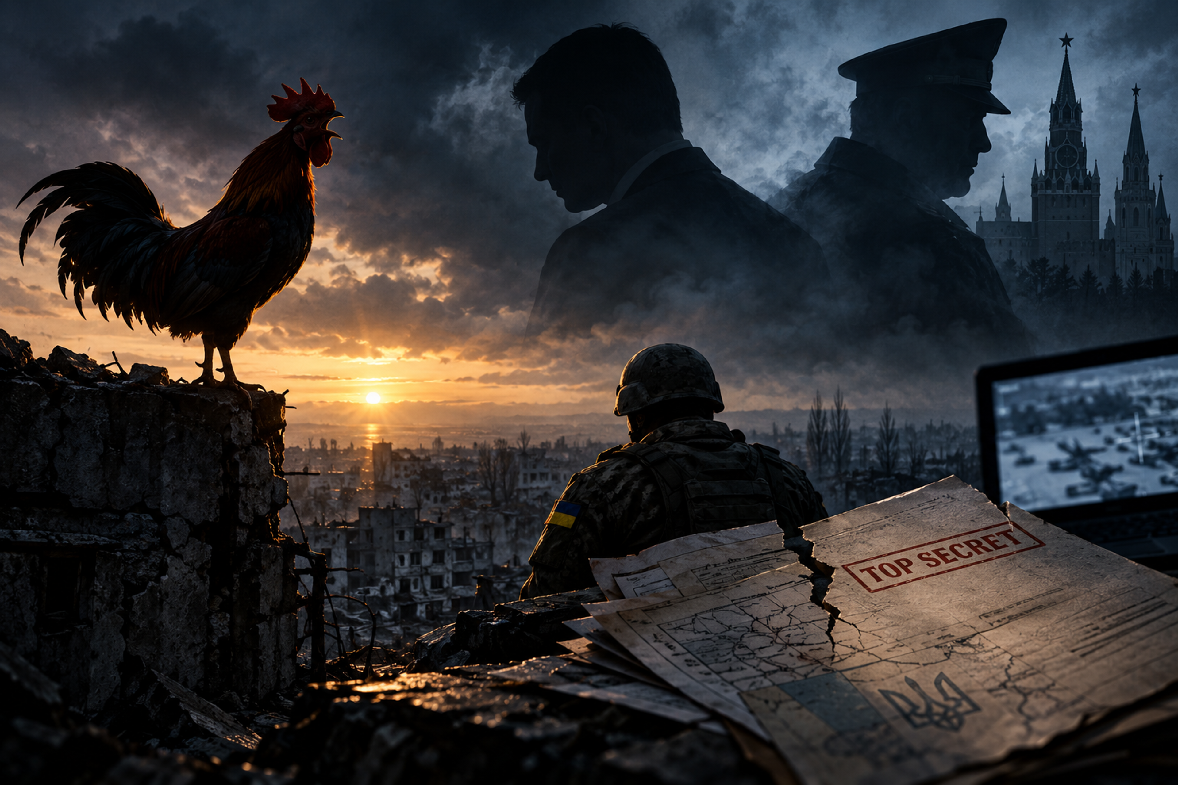 A Ukrainian soldier overlooks a war-damaged city at dusk, with a rooster, classified documents, surveillance imagery and Kremlin silhouettes symbolising betrayal, secrecy and external pressure.