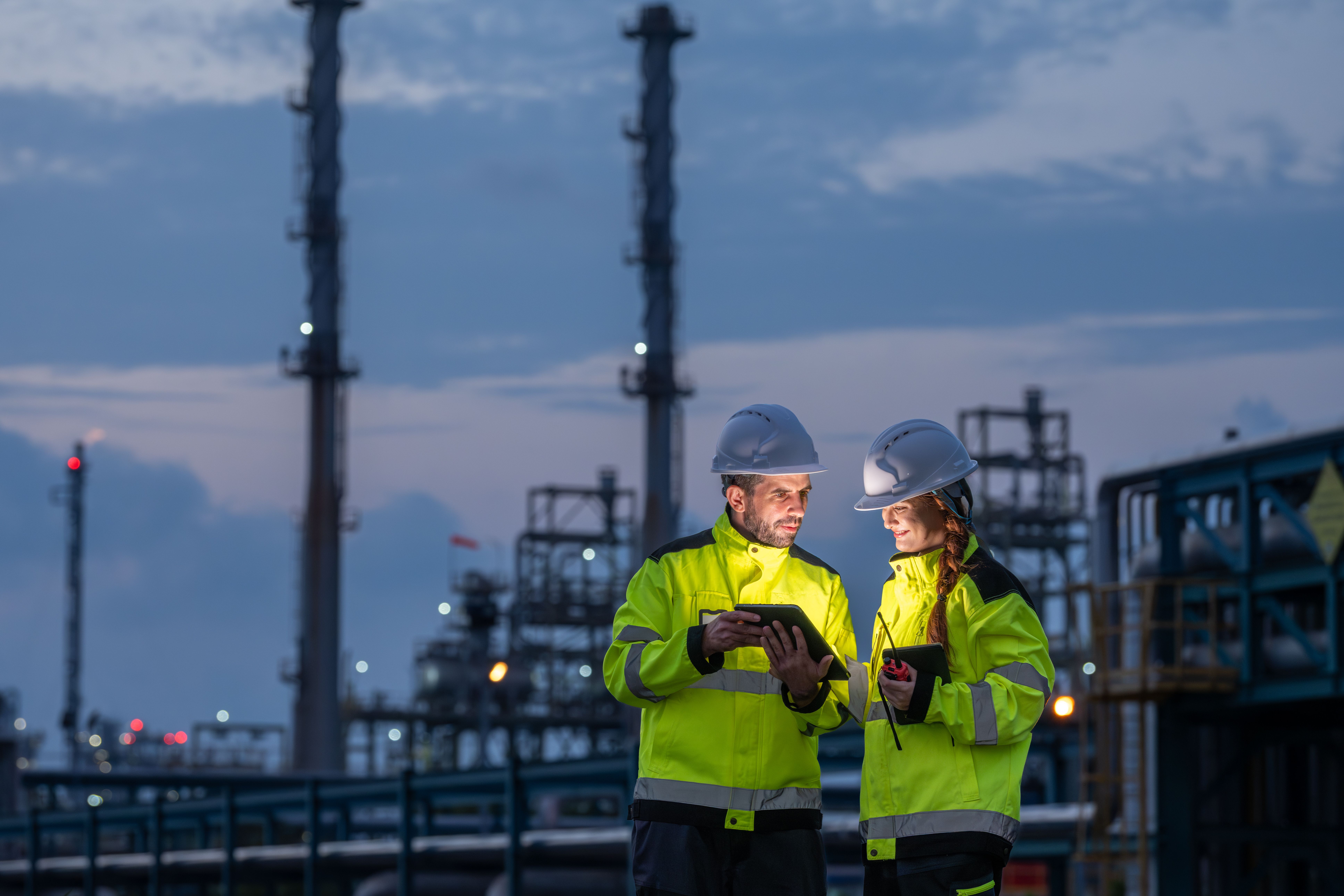 Mann og kvinner i energibransjen som vurderer noe på en skjerm.