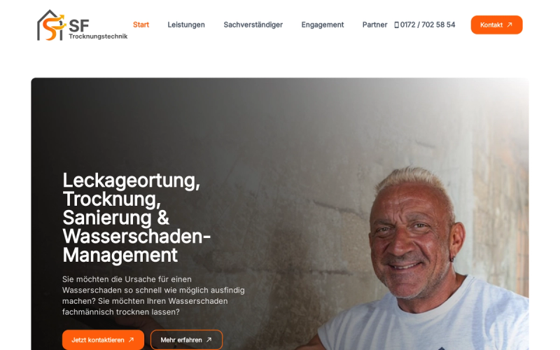 Startseite von SF Trocknungstechnik mit Porträt des Inhabers und der Überschrift Leckageortung, Trocknung, Sanierung
