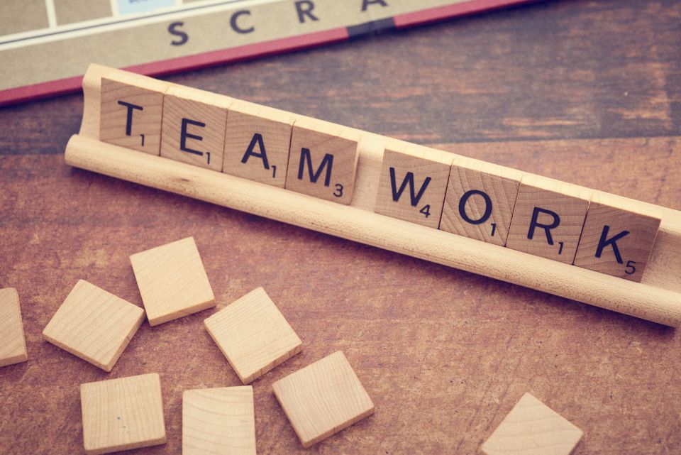 Scrabble-Steine bilden die Worte TEAM WORK