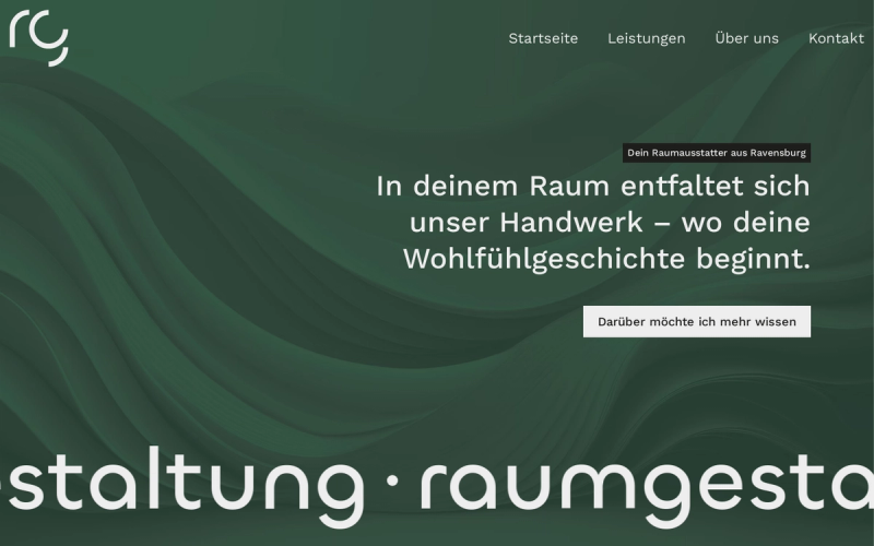 Startseite von raumGestaltung mit grünem Hintergrund und dem Schriftzug raumgestaltung