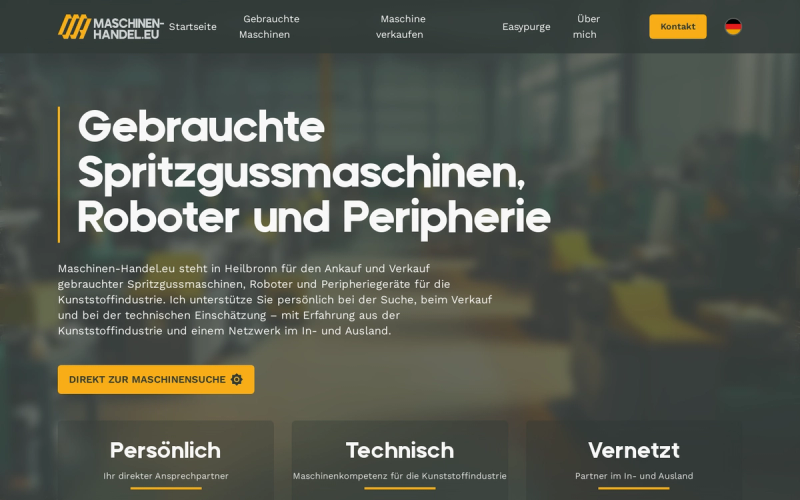 Startseite von Maschinen-Handel.eu mit der Überschrift Gebrauchte Spritzgussmaschinen, Roboter und Peripherie