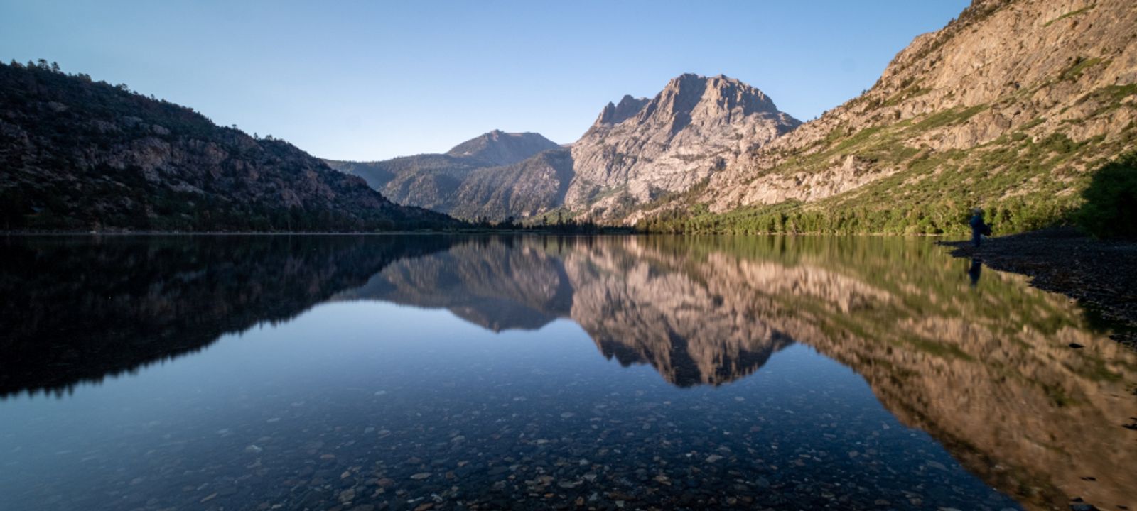 Ruhiger, klarer Bergsee, in dem sich die Berge spiegeln