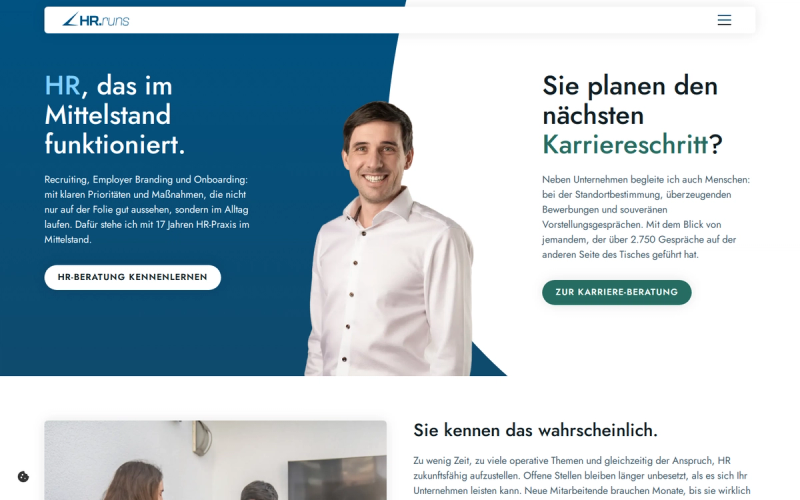 Startseite von HR.runs mit der Überschrift HR, das im Mittelstand funktioniert