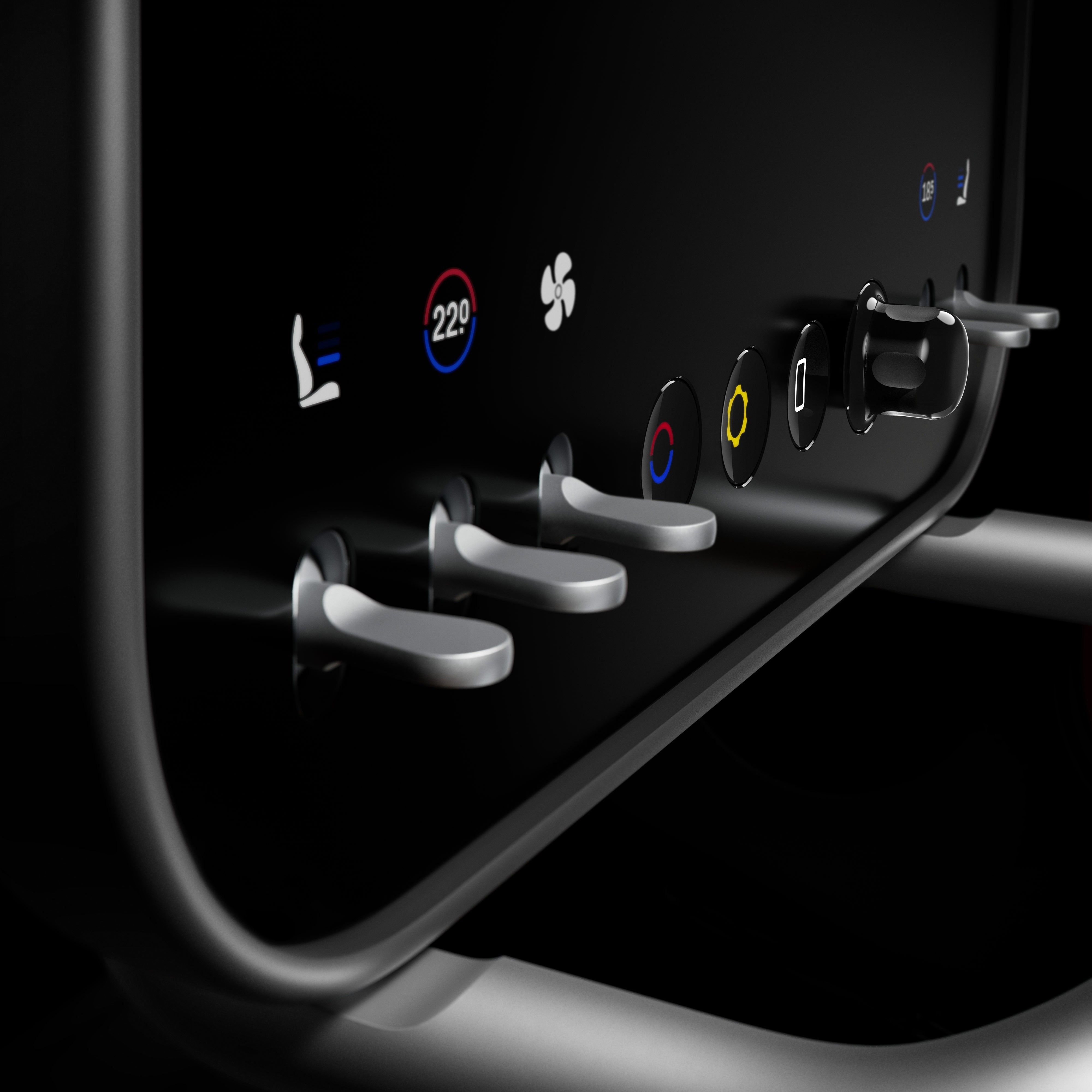Ferrari Luce interior detail, dashboard controls, silver levers and black tactile dials with color-coded icons, dark background. Official press image.
