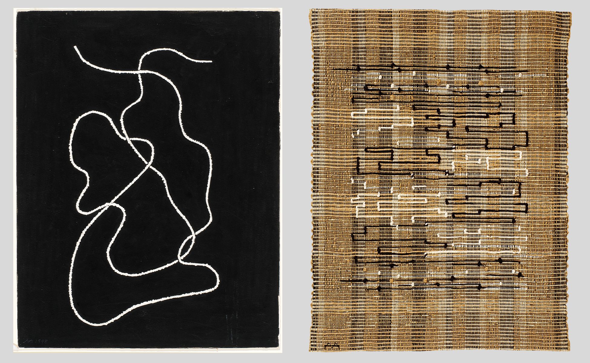 Anni Albers (1899–1994). Dessin pour un nœud (1948) and Noir-Blanc-Or I (1950). ©2023 The Josef and Anni Albers Foundation/Adagp, Paris — Photo: Tim Nighswander/Imaging4Art