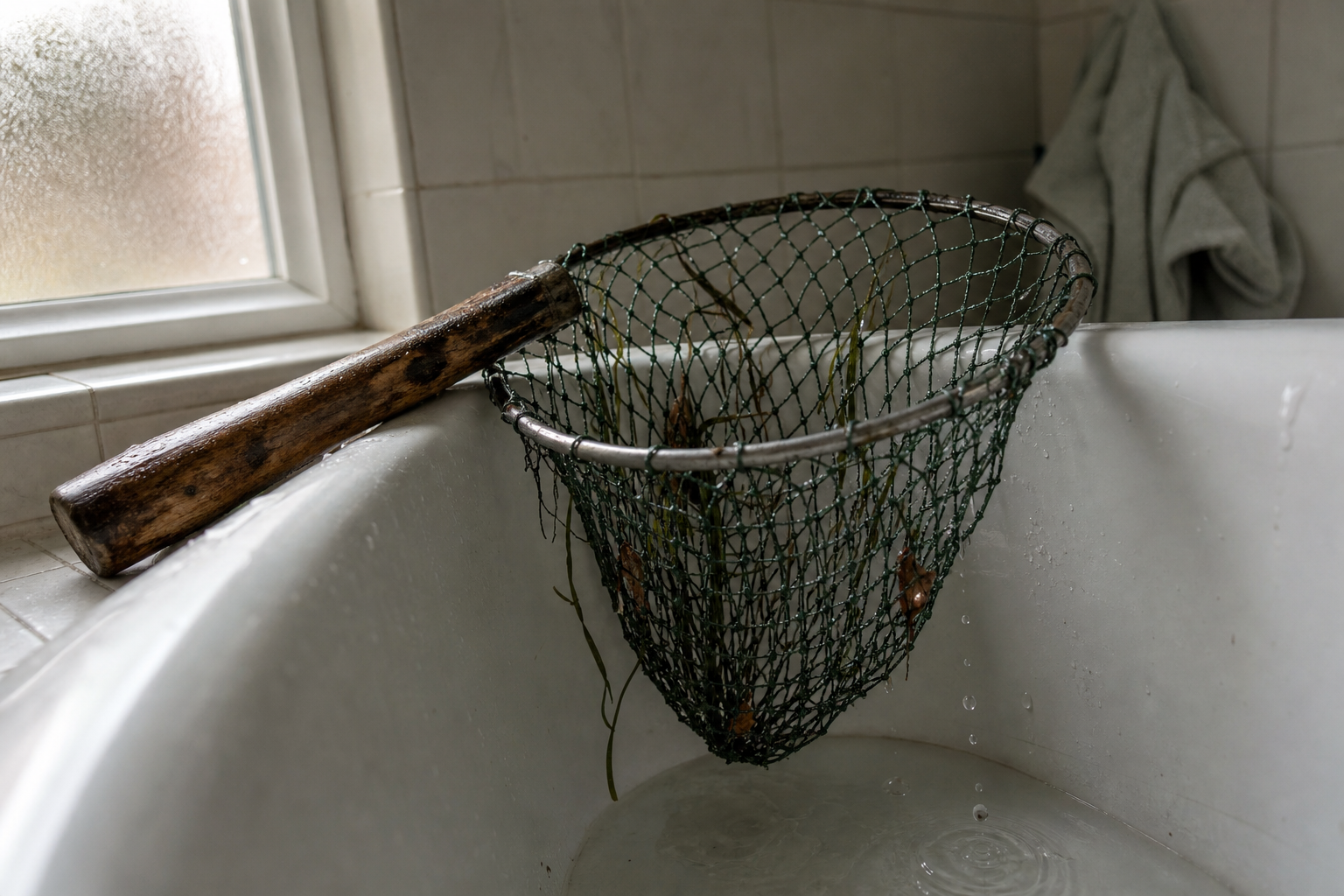 A wet landing net hung over a bath to dry after a freshwater fishing session.