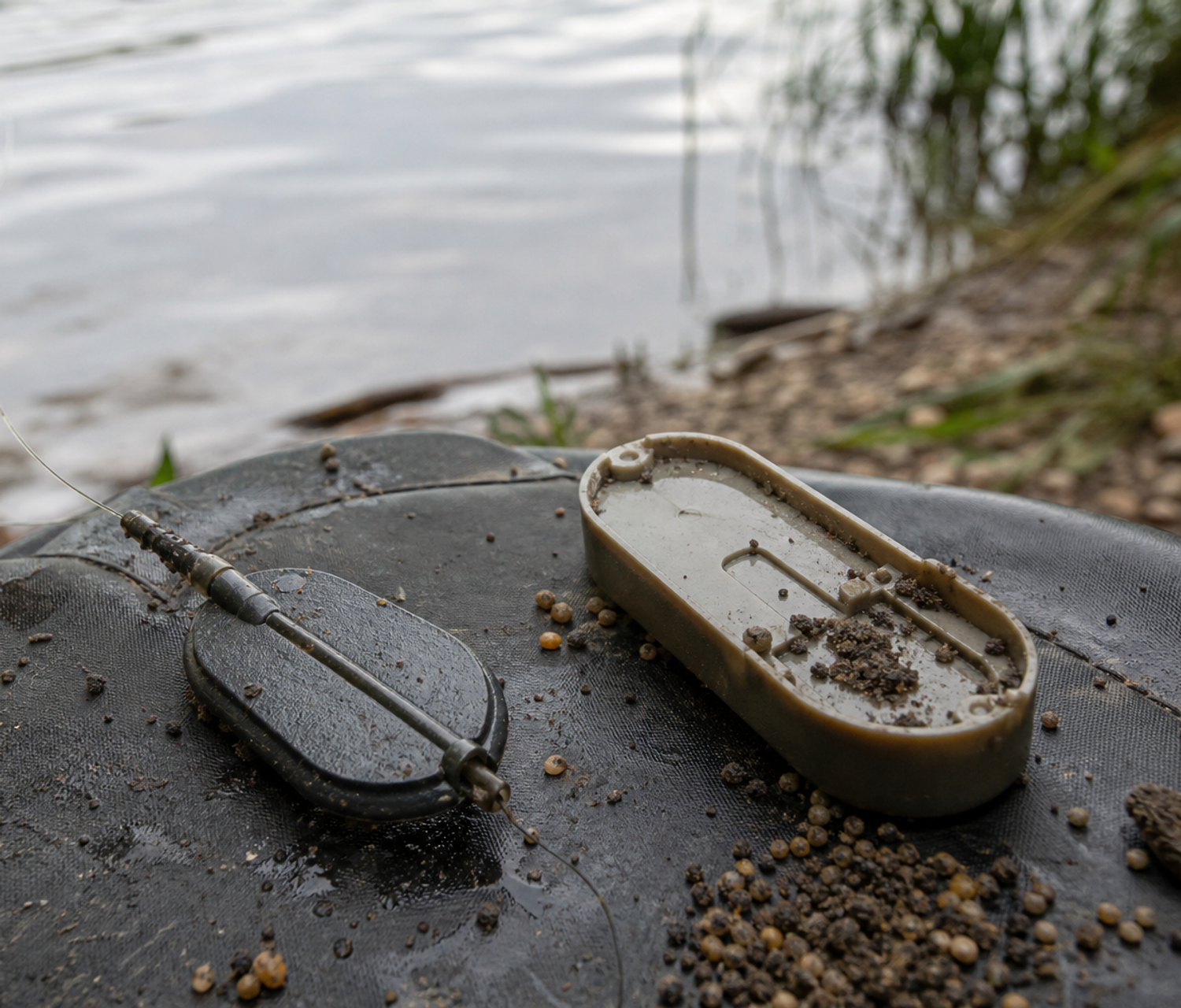 Flat inline method feeder and matching mould resting on a dark unhooking mat beside water