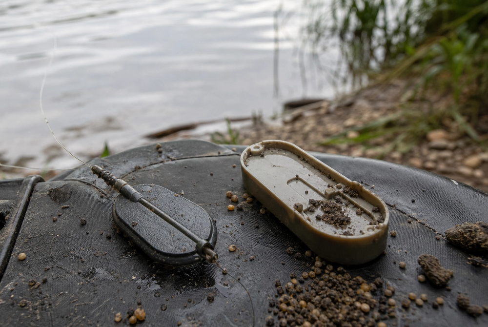 Flat inline method feeder and matching mould resting on a dark unhooking mat beside water