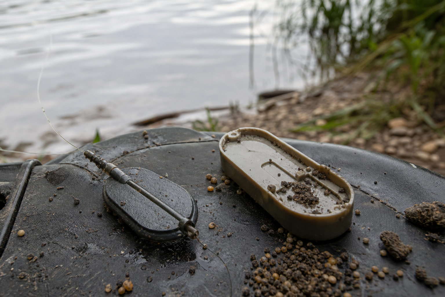 Flat inline method feeder and matching mould resting on a dark unhooking mat beside water